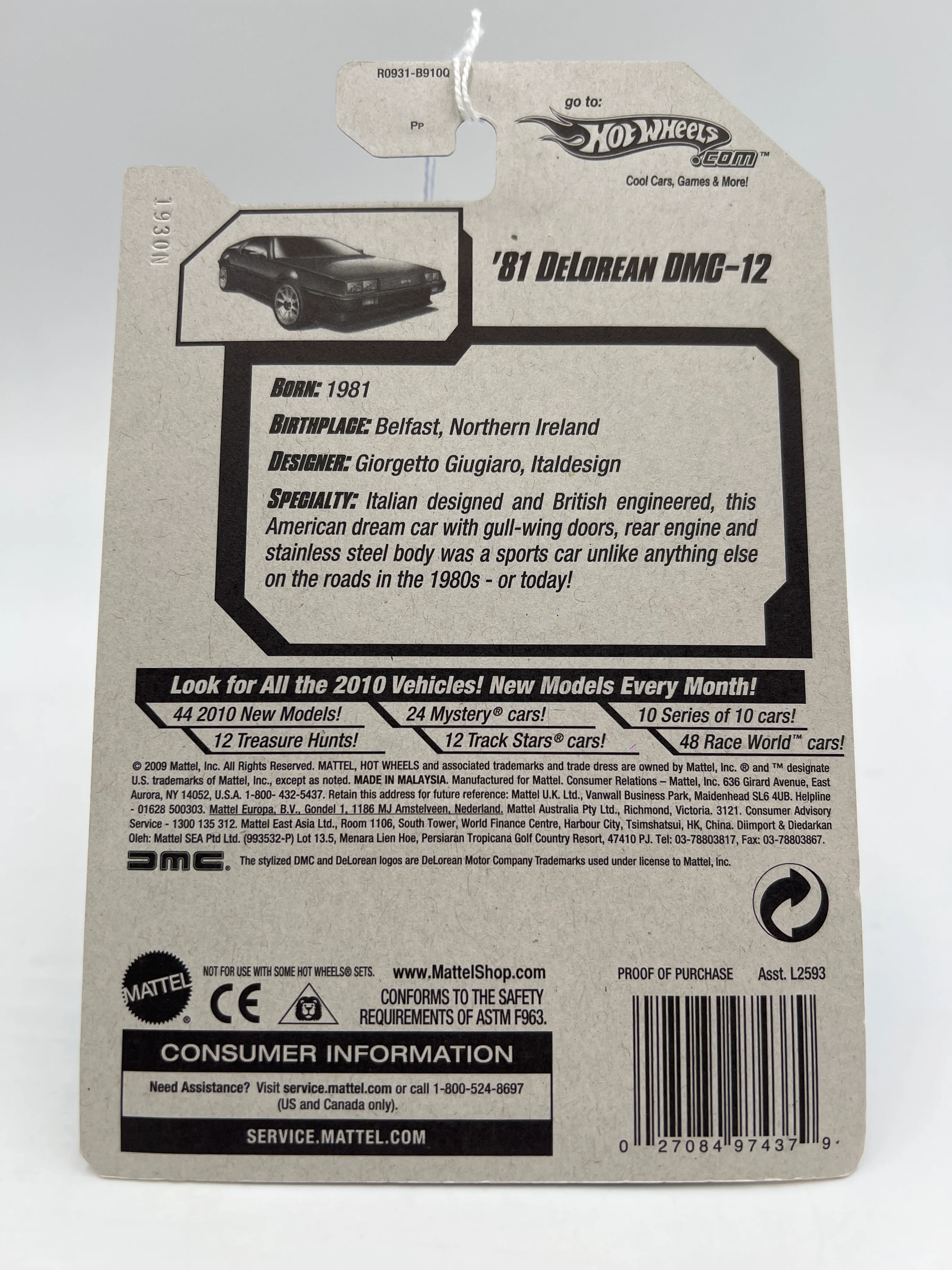 2010 Hot Wheels New Models #15 81 DeLorean DMC-12 Black 56B - Image 6