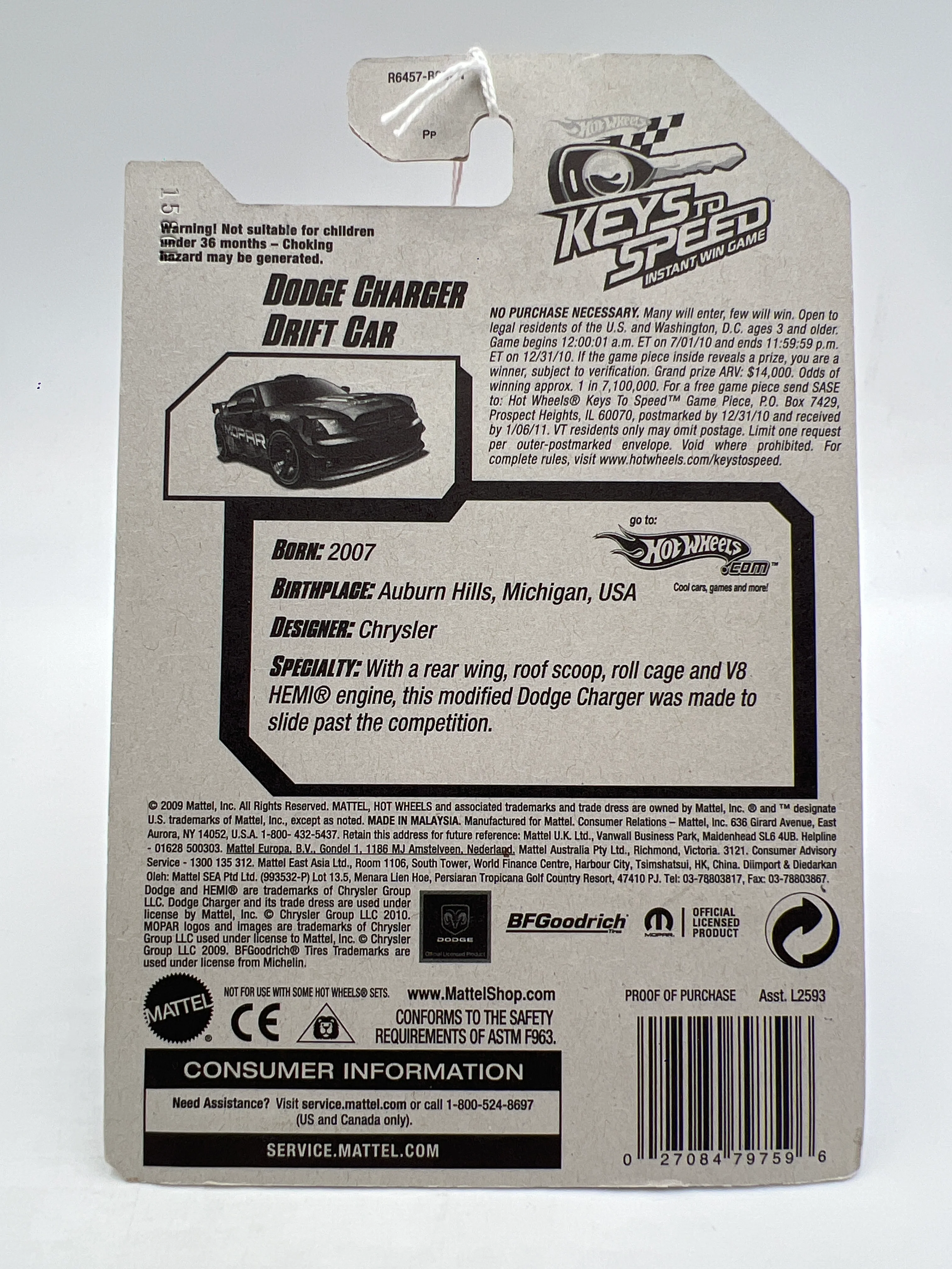 2010 Hot Wheels New Models #43 Dodge Charger Drift Car Black Keys To Speed Card - Image 6