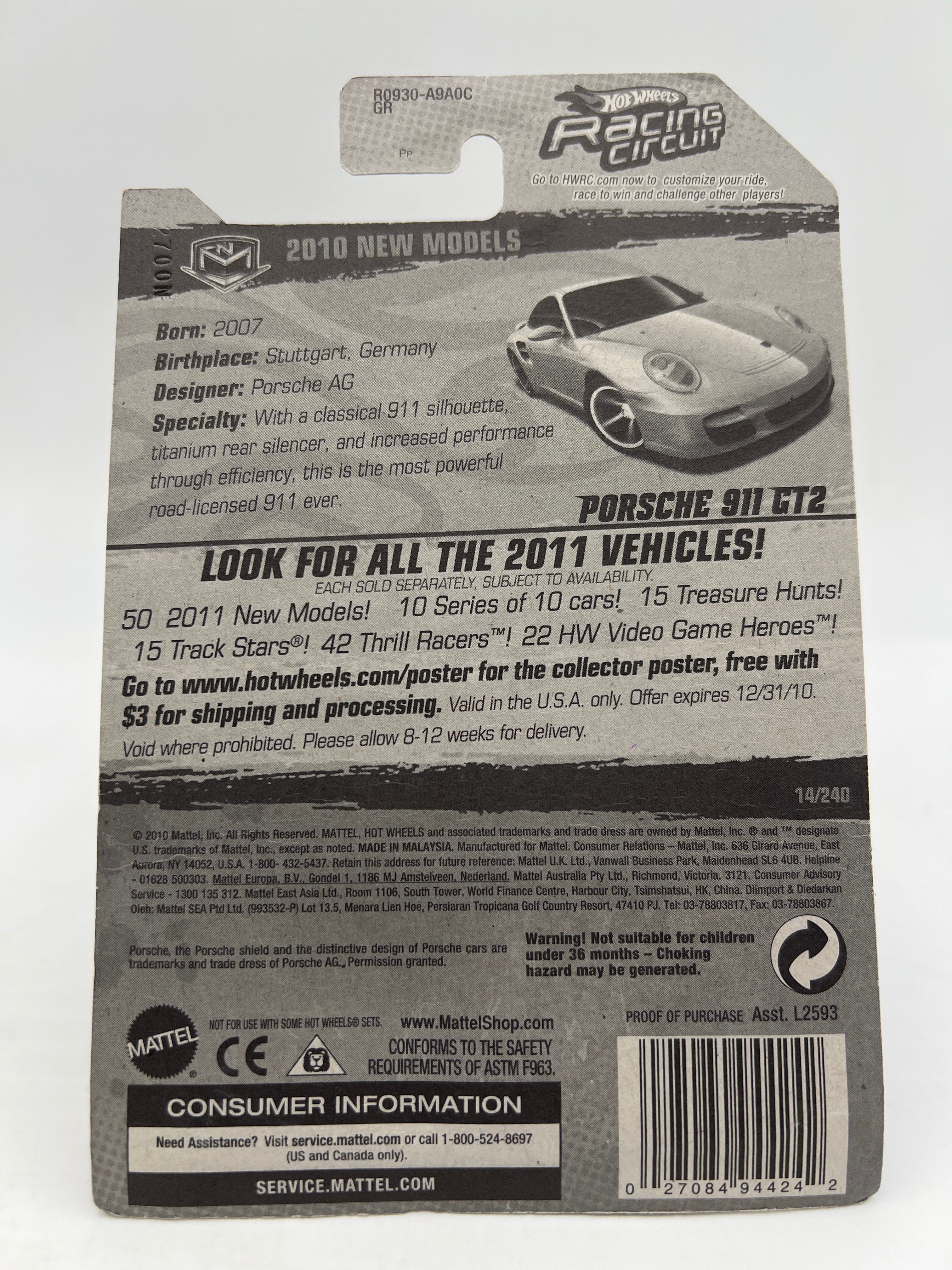 2010 Hot Wheels New Models #14 Porsche 911 GT2 Silver W/Protector SR - Image 7