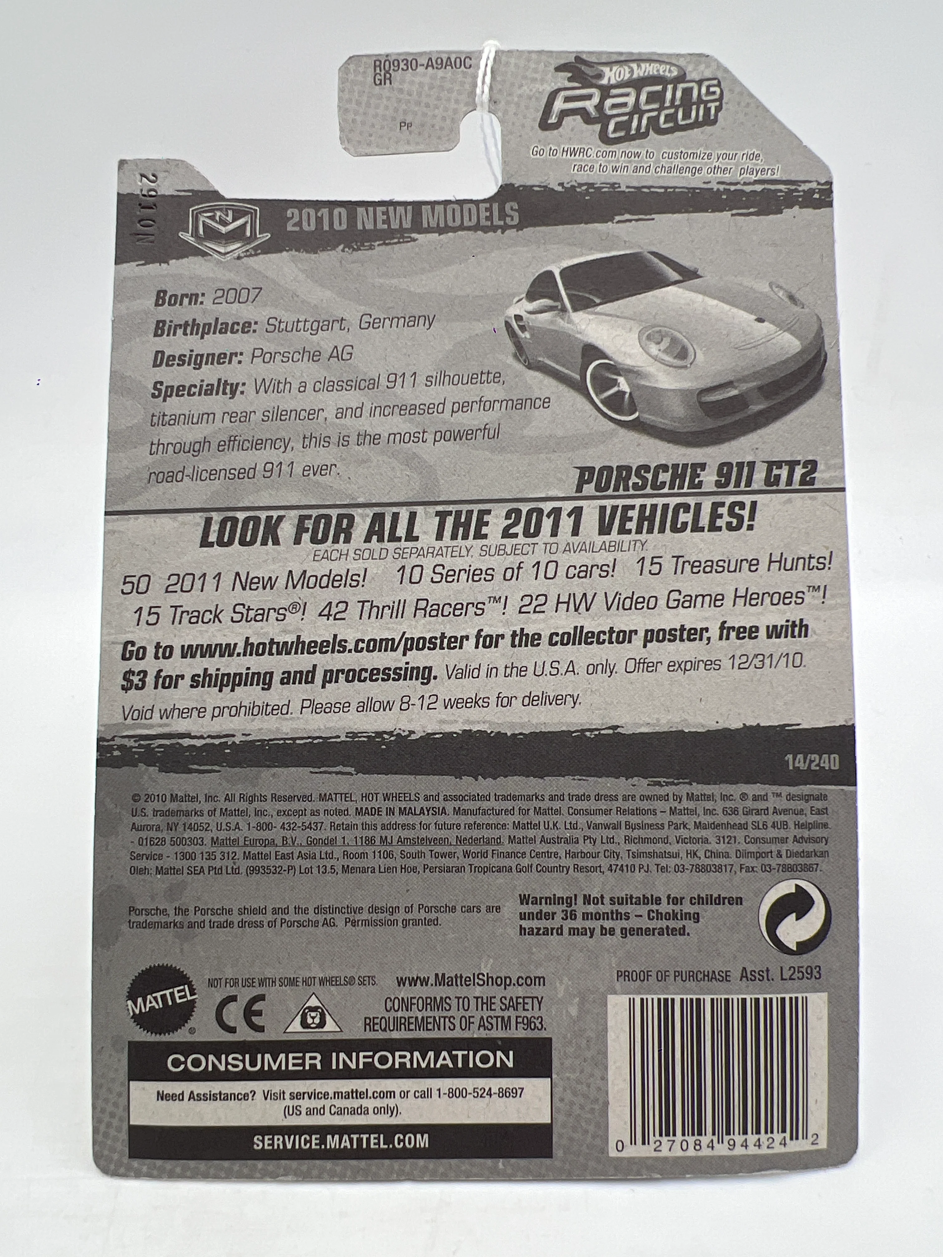 2010 Hot Wheels New Models #14 Porsche 911 GT2 Silver SR - Image 6