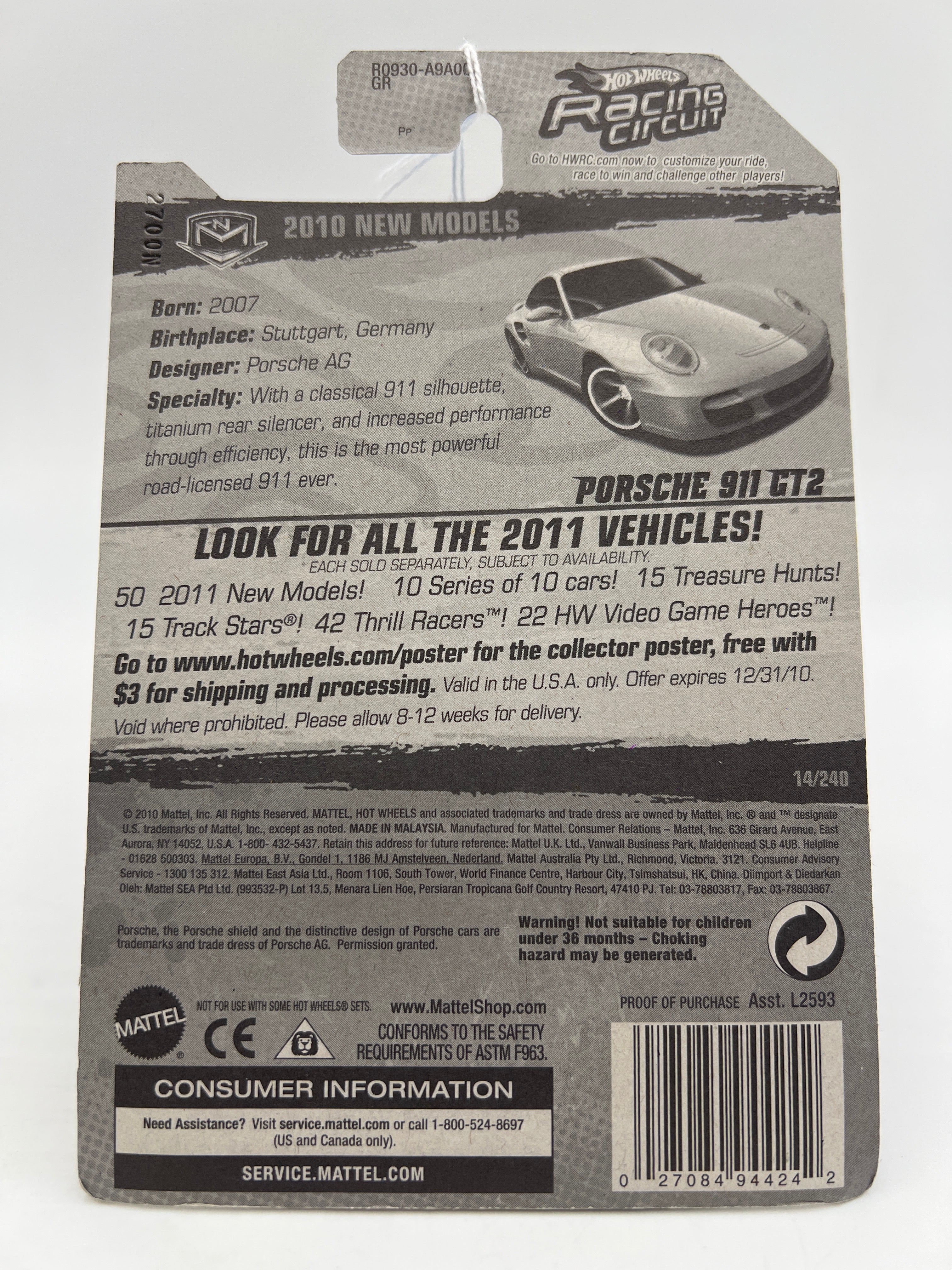 2010 Hot Wheels New Models #14 Porsche 911 GT2 Silver SR - Image 7