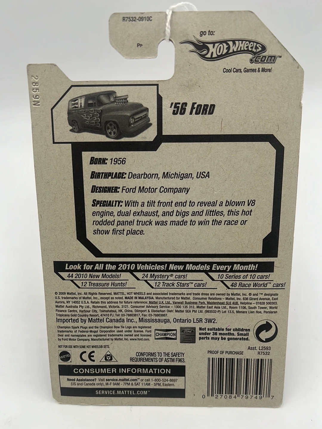2010 Hot Wheels Performance ‘56 Ford Opening Hood Red 107/240 34B - Image 6