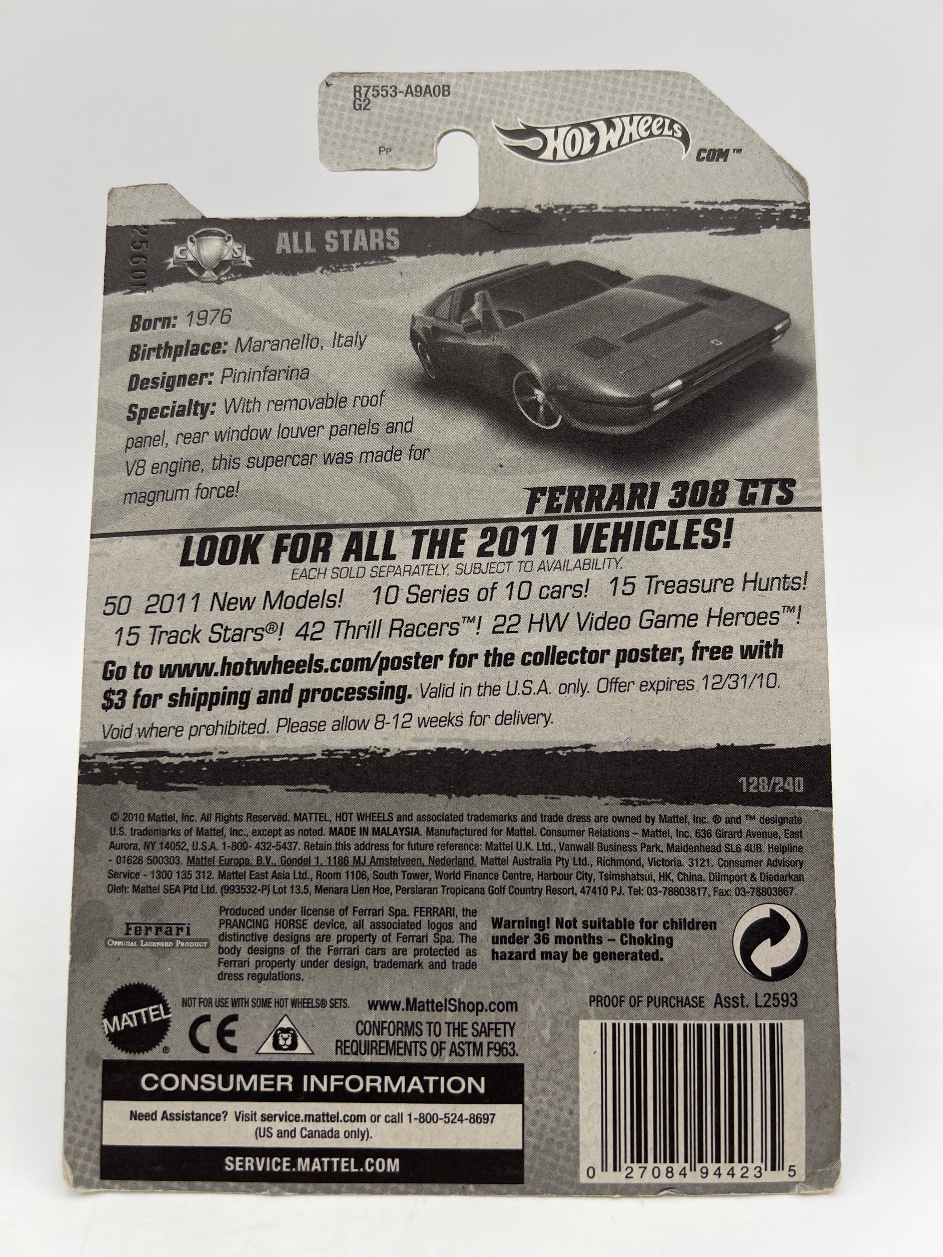 2011 Hot Wheels All Stars #128 Ferrari 308 GTS Red W/Protector - Image 7