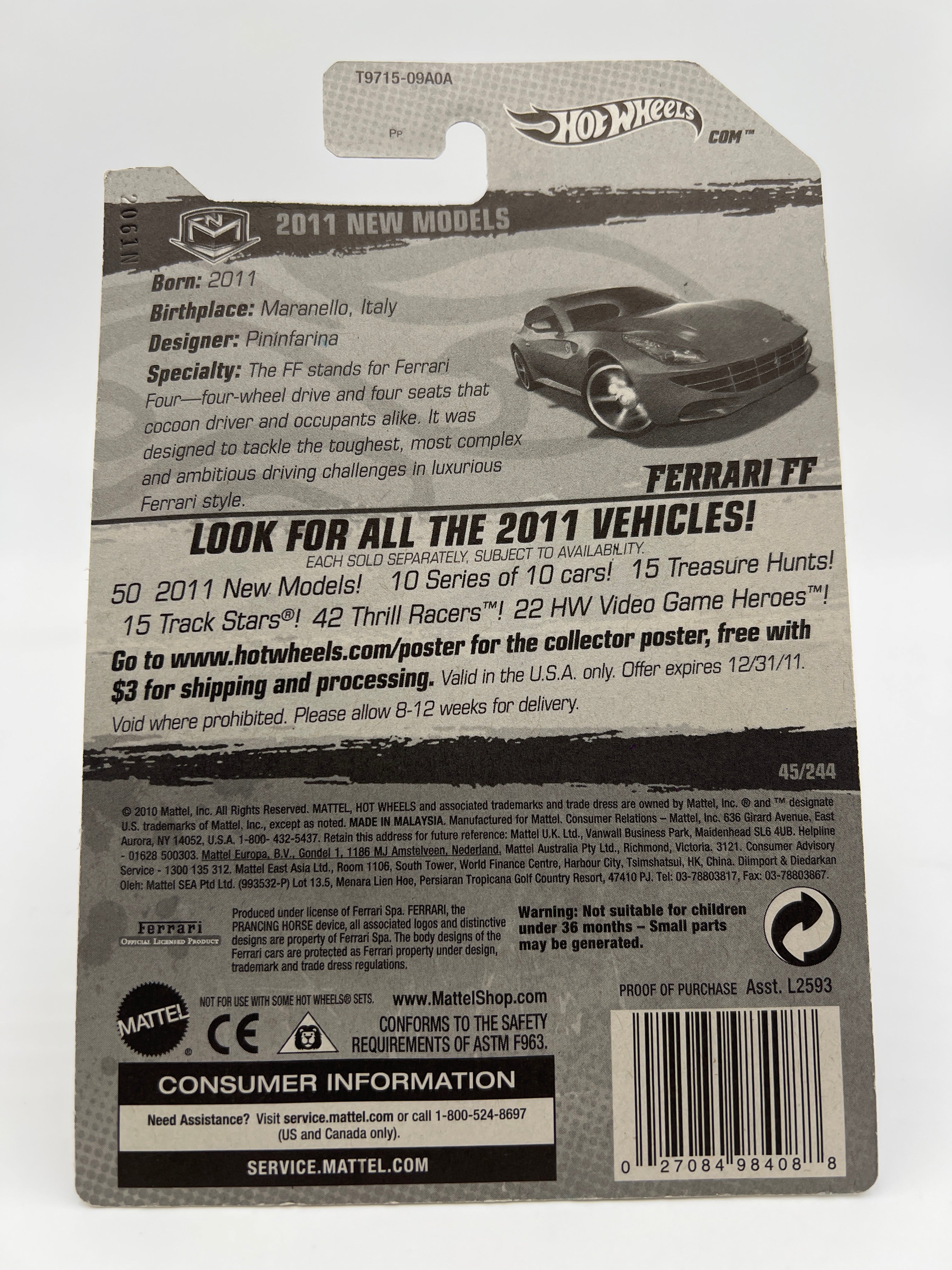 2011 Hot Wheels New Models #45 Ferrari FF Red W/Protector - Image 6