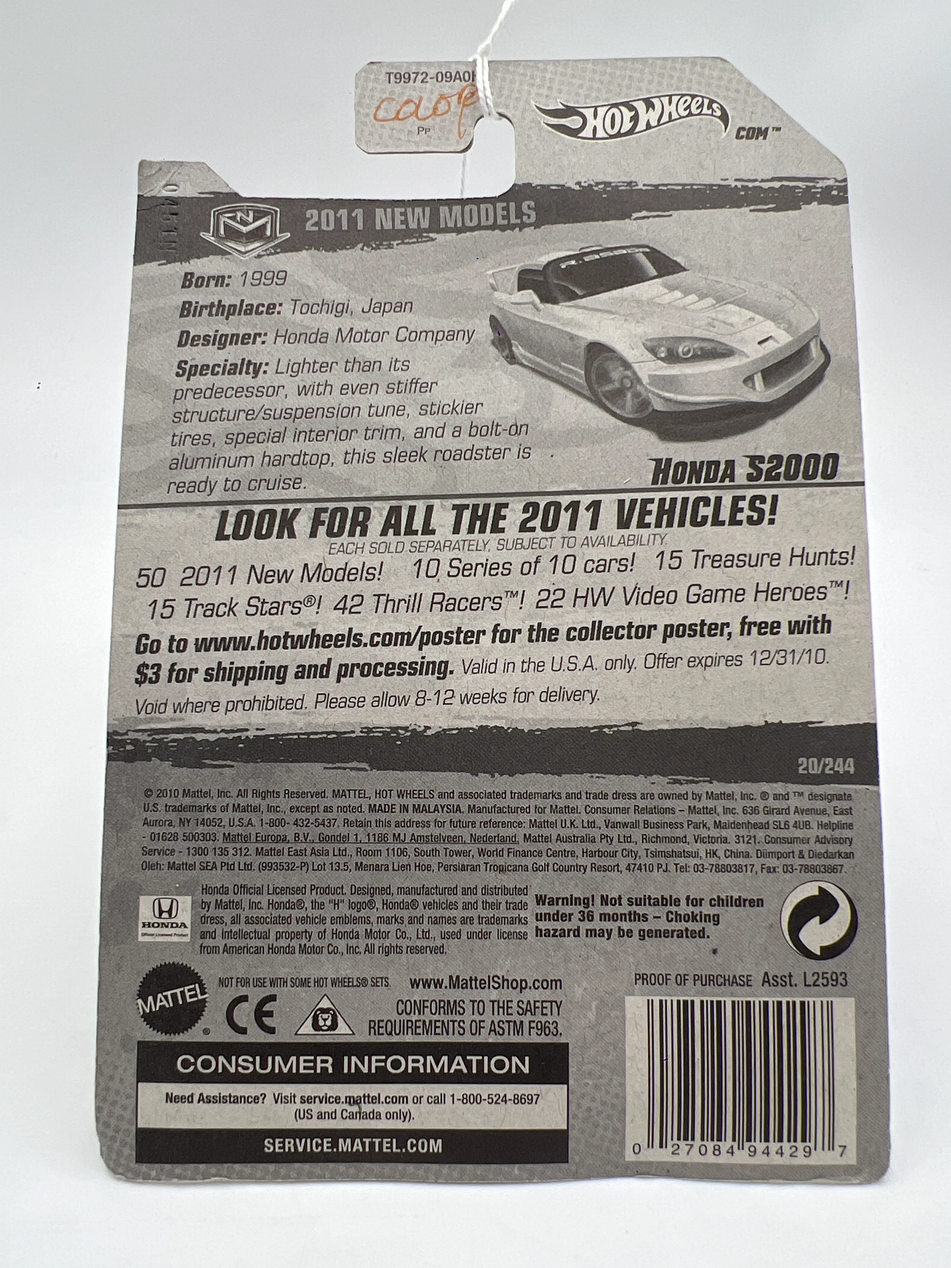2011 Hot Wheels New Models #20 Honda S2000 Silver 79A - Image 7