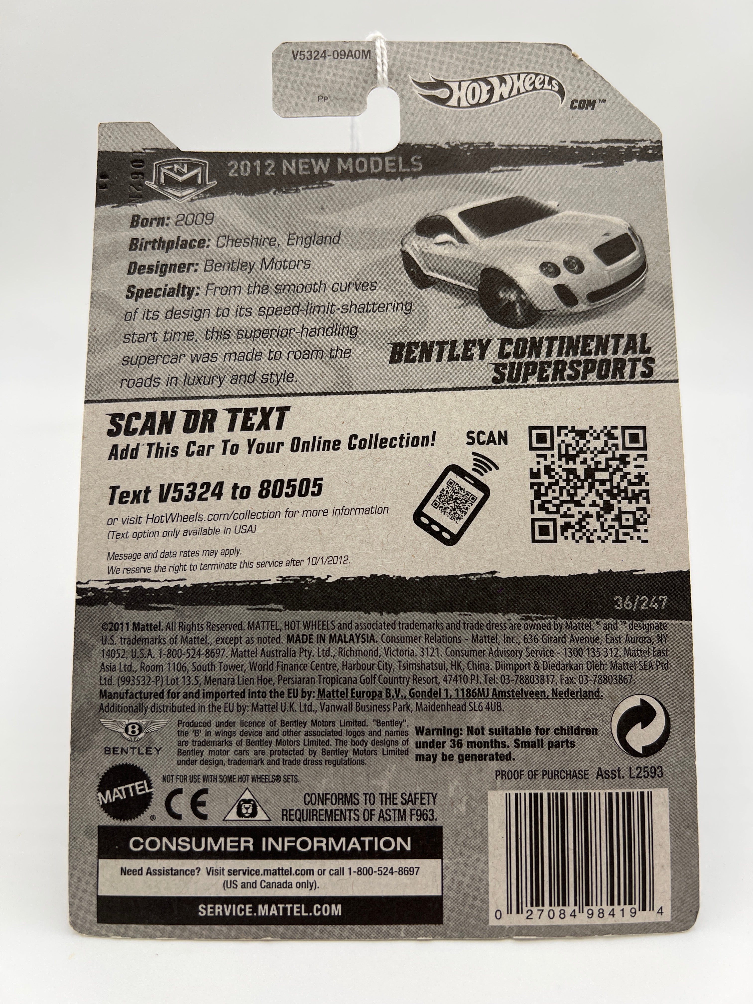 2012 Hot Wheels New Models #36 Bentley Continental Supersports White 68A - Image 6