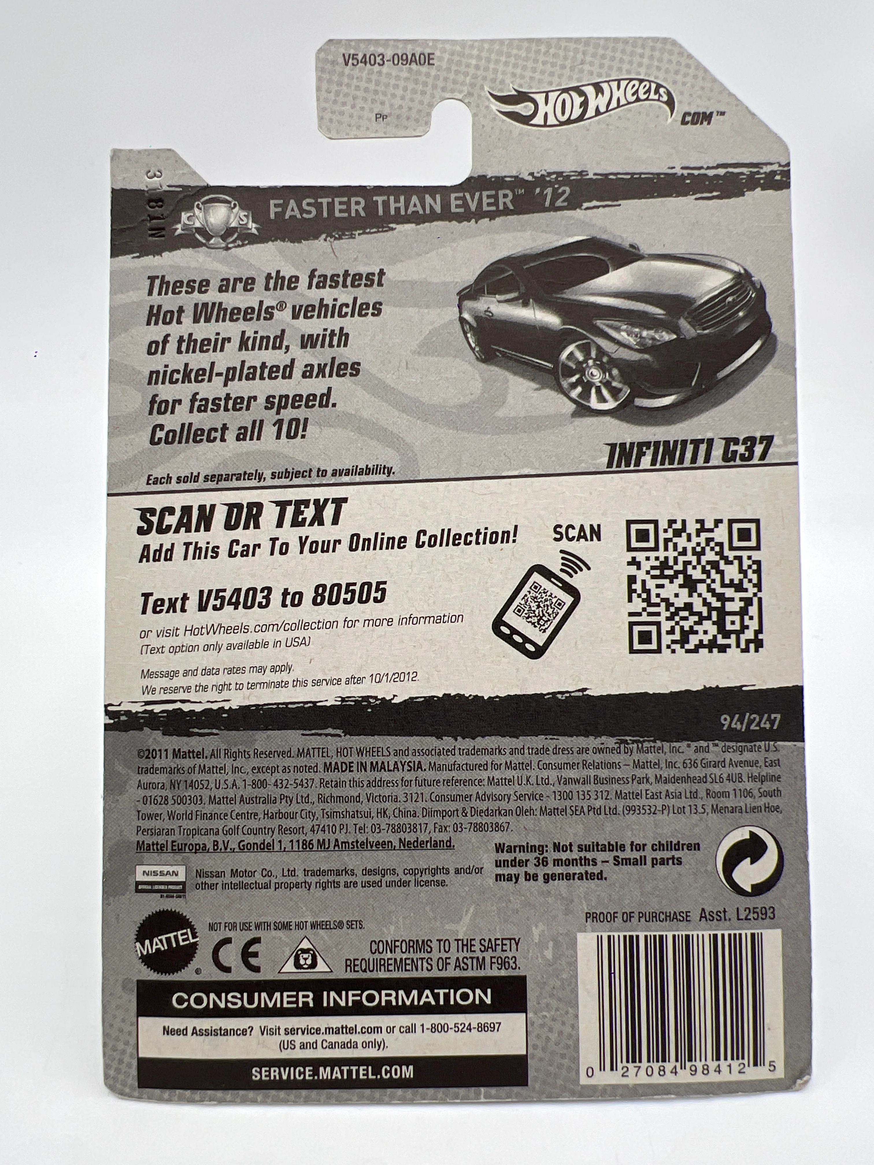 2012 Hot Wheels Faster Than Ever #94 Infiniti G37 Black FTE2 W/Protector - Image 7
