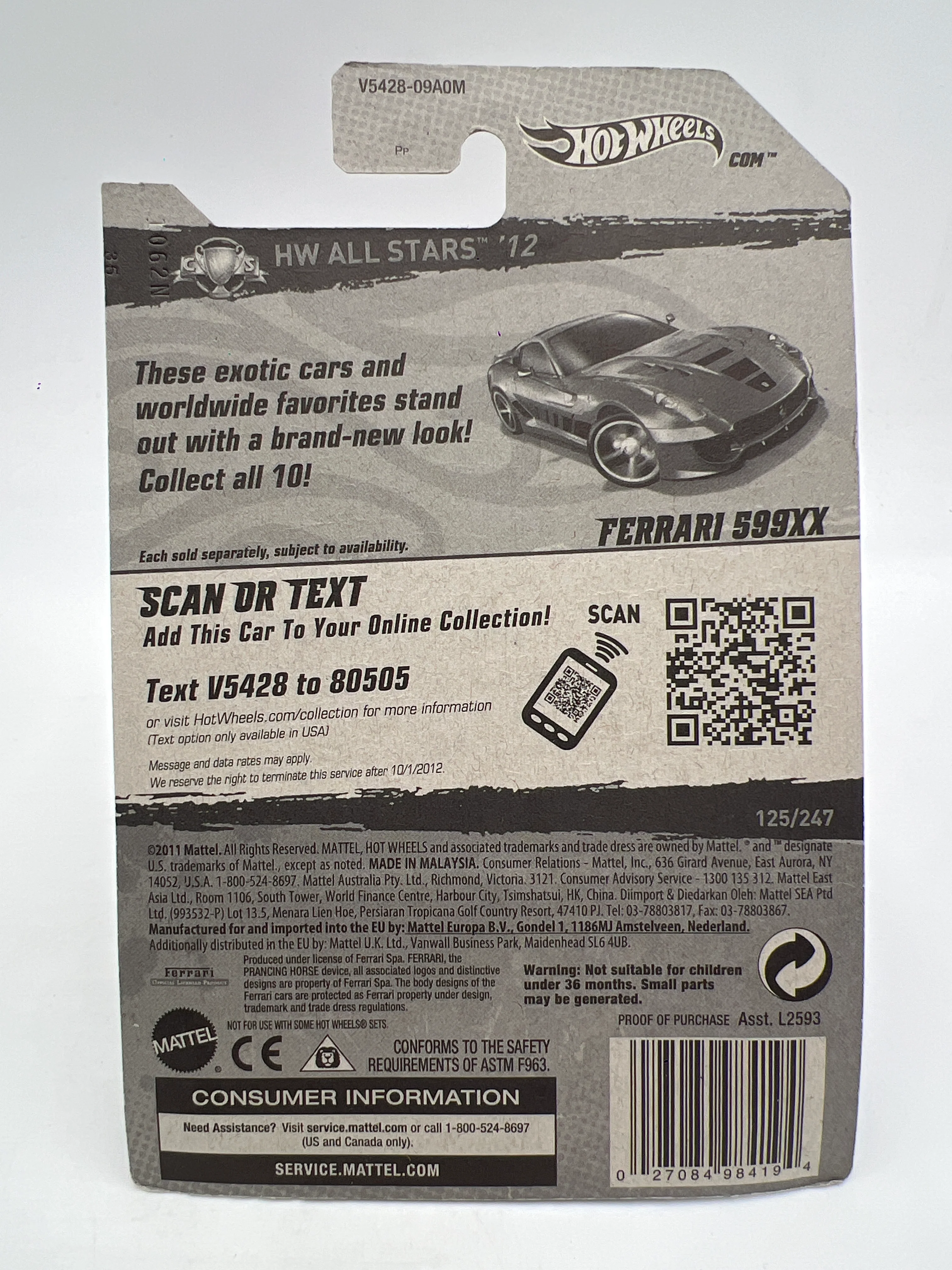 2012 Hot Wheels All Stars #125 Ferrari 599XX Red W/Protector 2 - Image 6