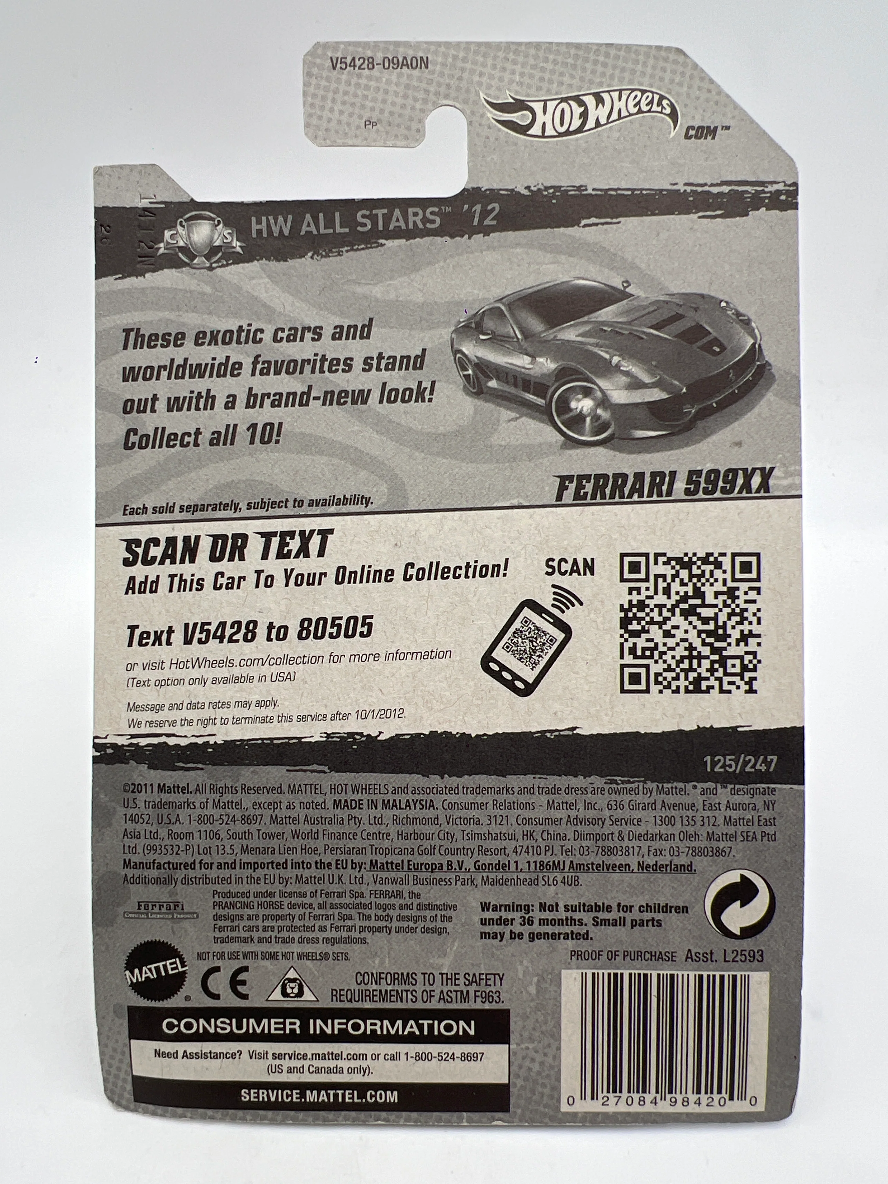 2012 Hot Wheels All Stars #125 Ferrari 599XX Red W/Protector 1 - Image 6