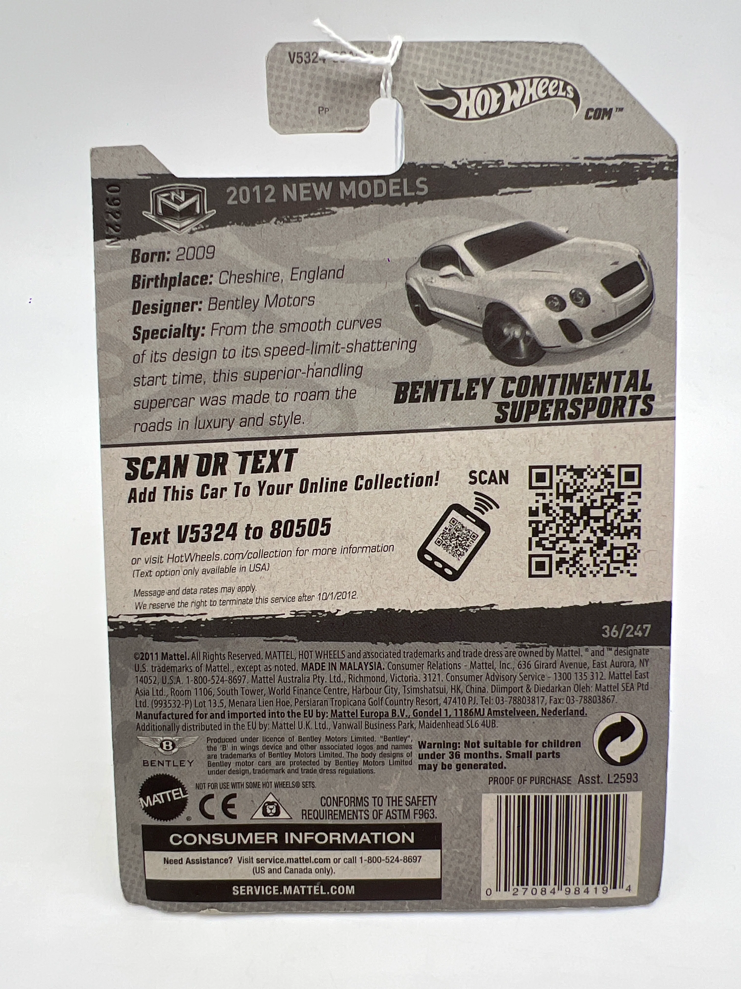 2012 Hot Wheels New Models #36 Bentley Continental Supersports White 62C - Image 7