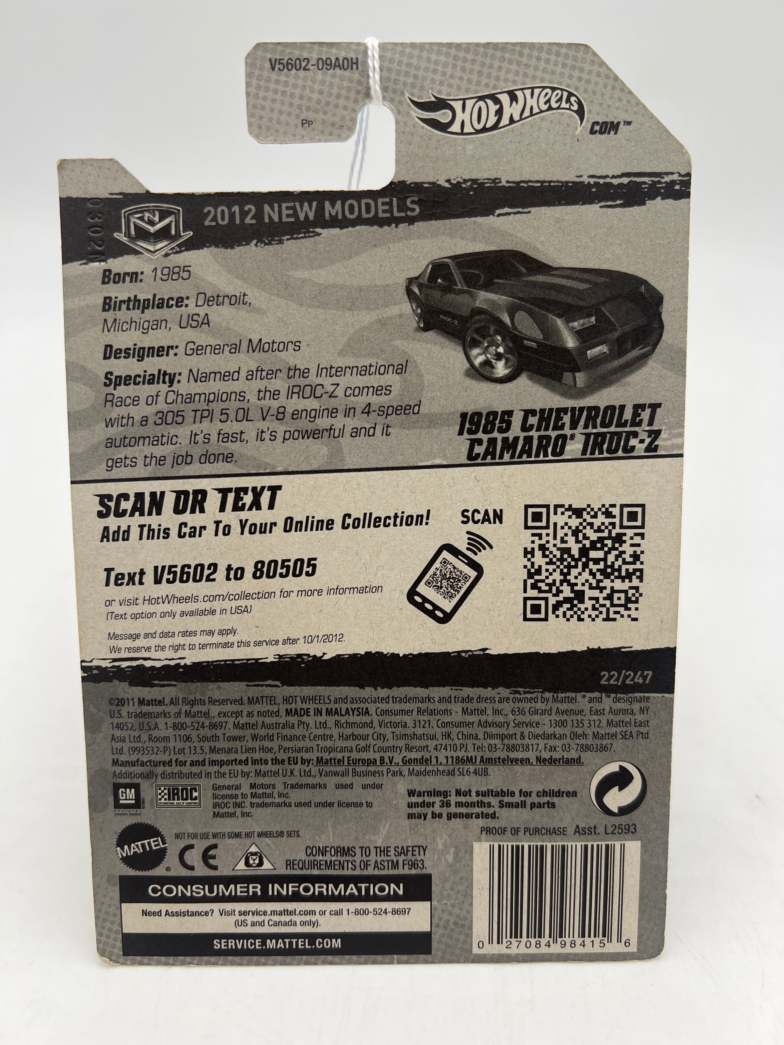 2012 Hot Wheels New Models #22 1985 Chevrolet Camaro IROC-Z Black 6C - Image 6