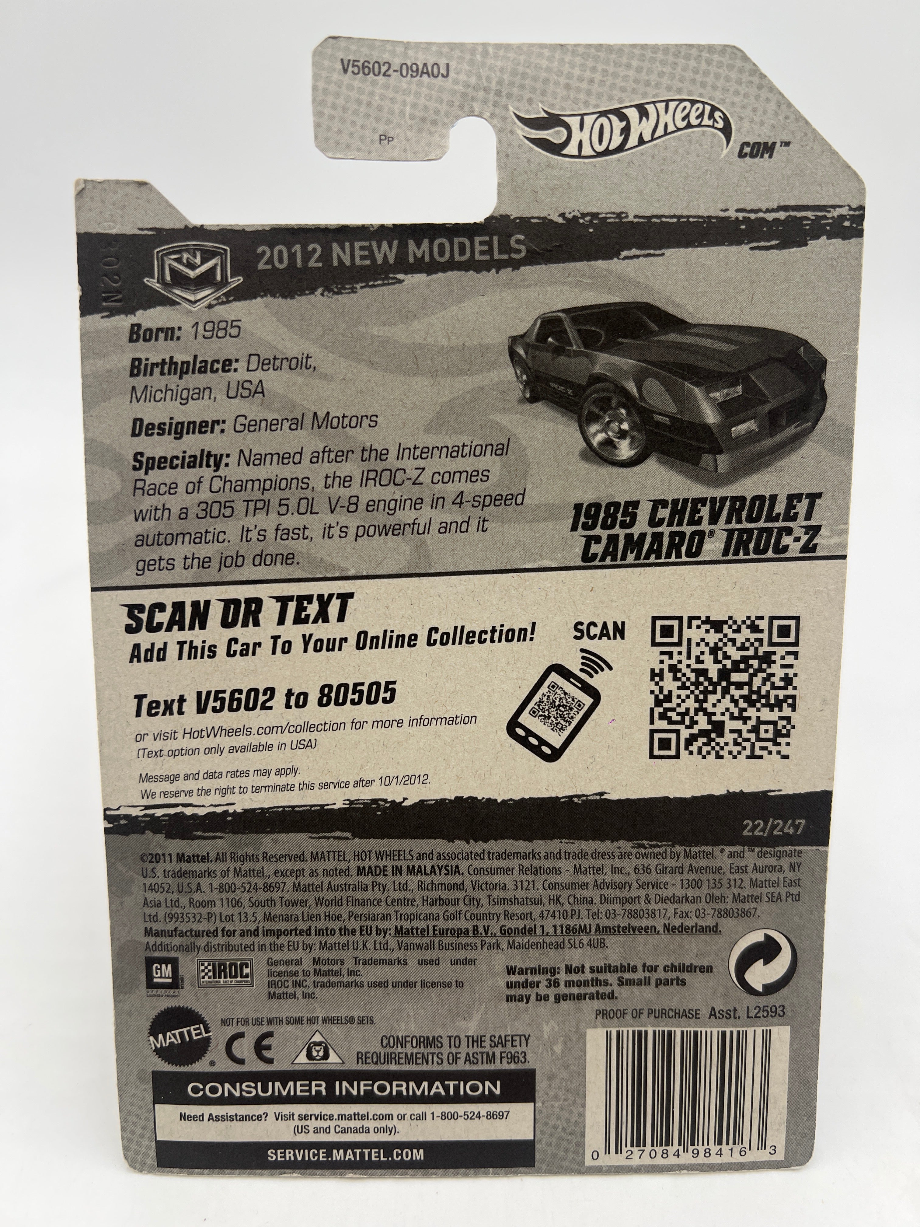 2012 Hot Wheels New Models #22 1985 Chevrolet Camaro Walmart Exclusive IROC-Z Black W/Protector - Image 8