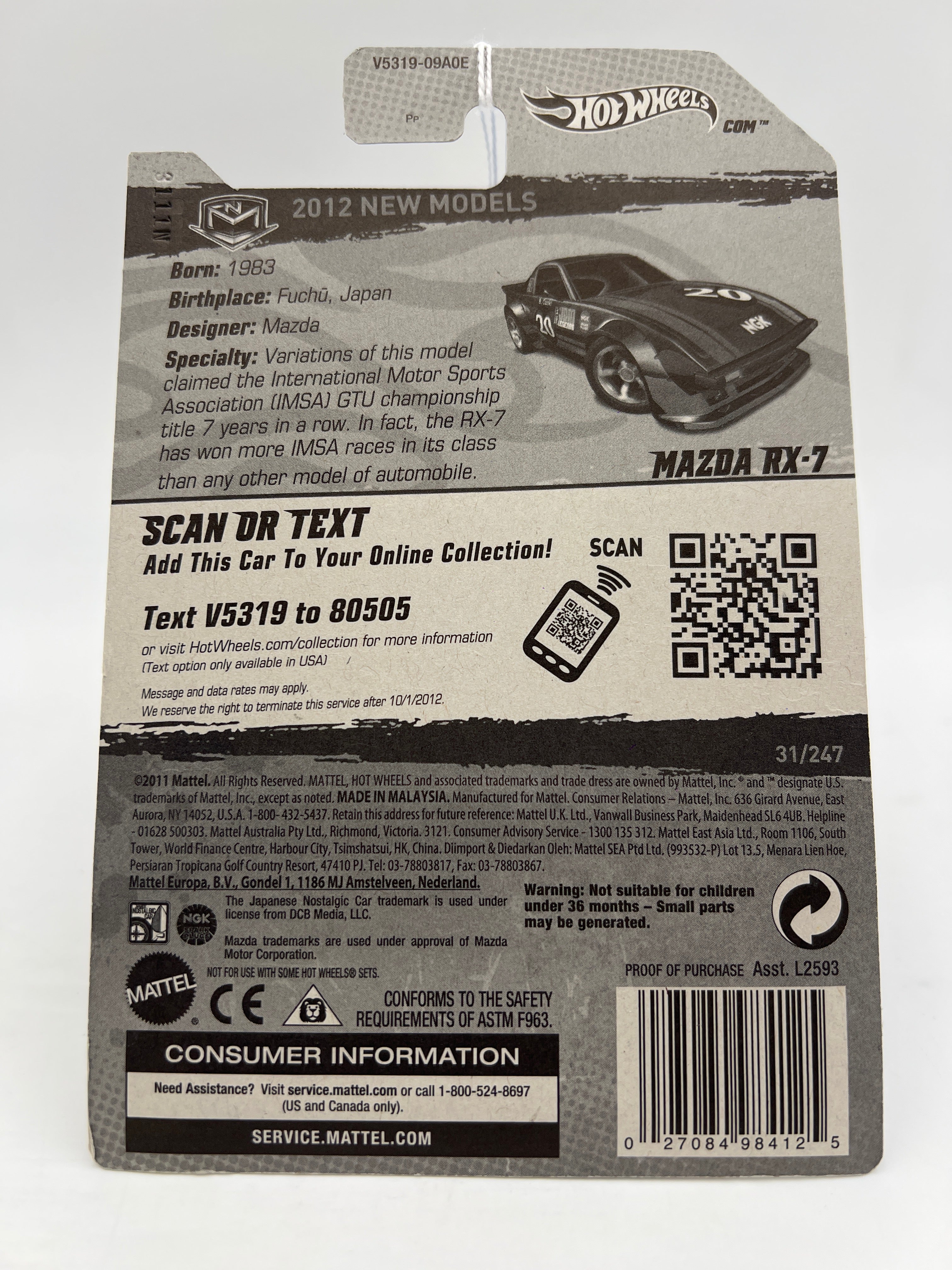 2012 Hot Wheels New Models #31 Mazda RX-7 Black 86C - Image 6