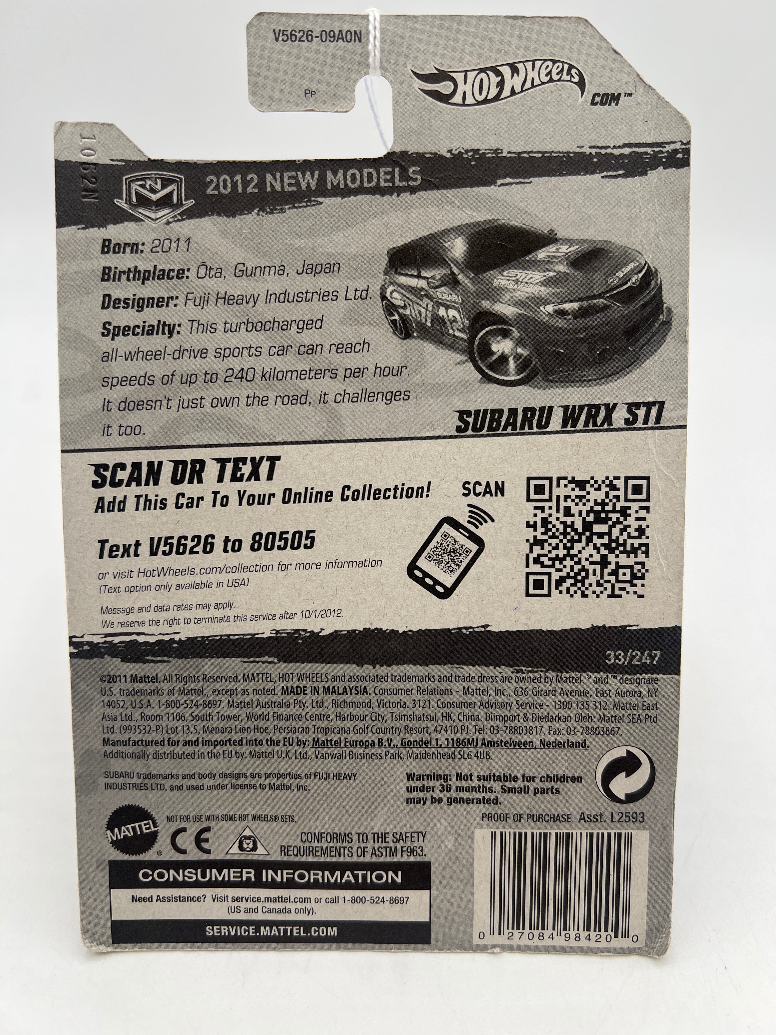 2012 Hot Wheels New Models #33 Walmart Exclusive Redline Wheels Subaru WRX STi Red *Bad Card* 237F - Image 7