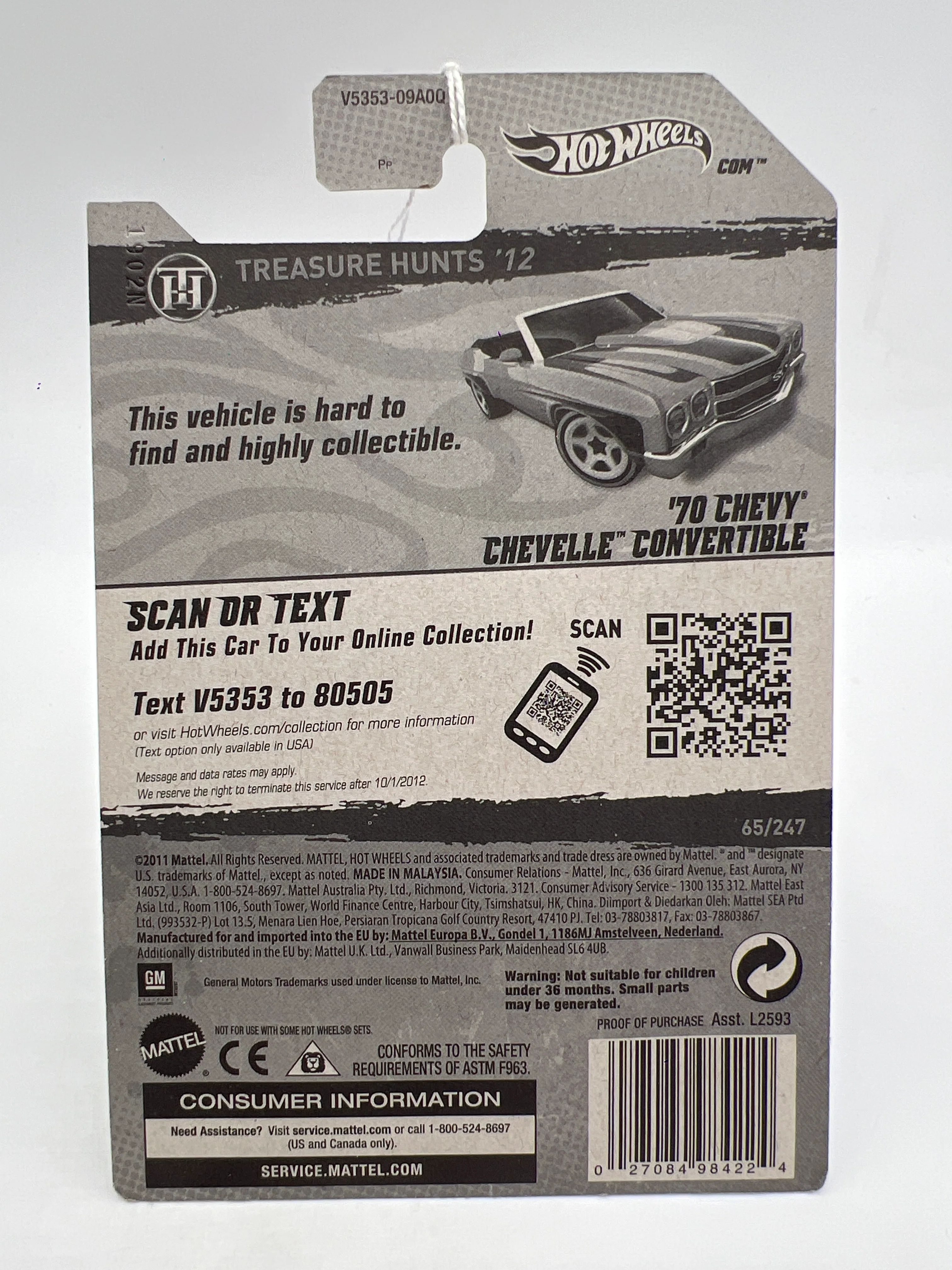 2012 Hot Wheels Treasure Hunts #65 70 Chevy Chevelle Convertible Orange 273C - Image 6