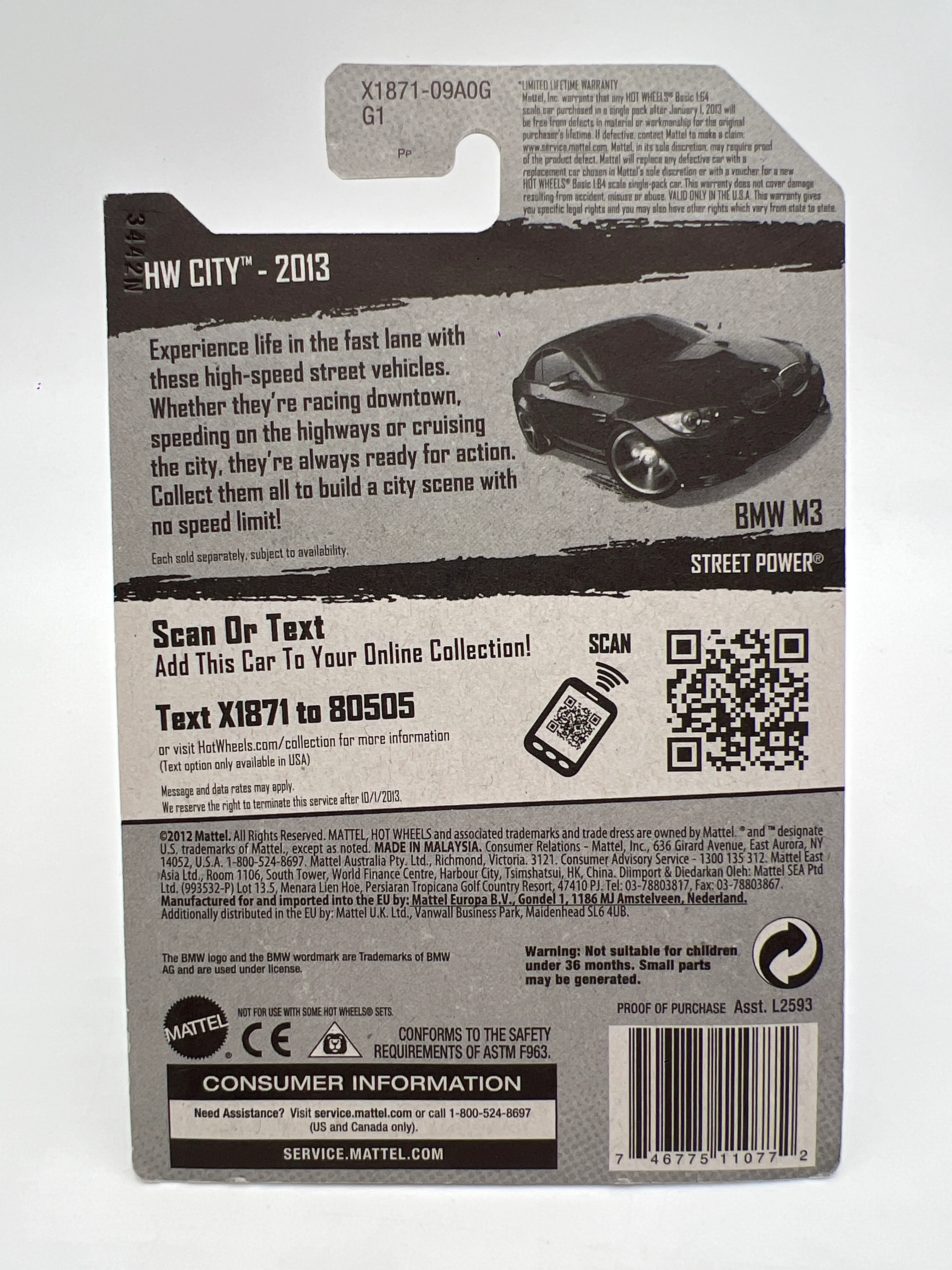 2013 Hot Wheels City #7 BMW M3 Black W/Protector - Image 7
