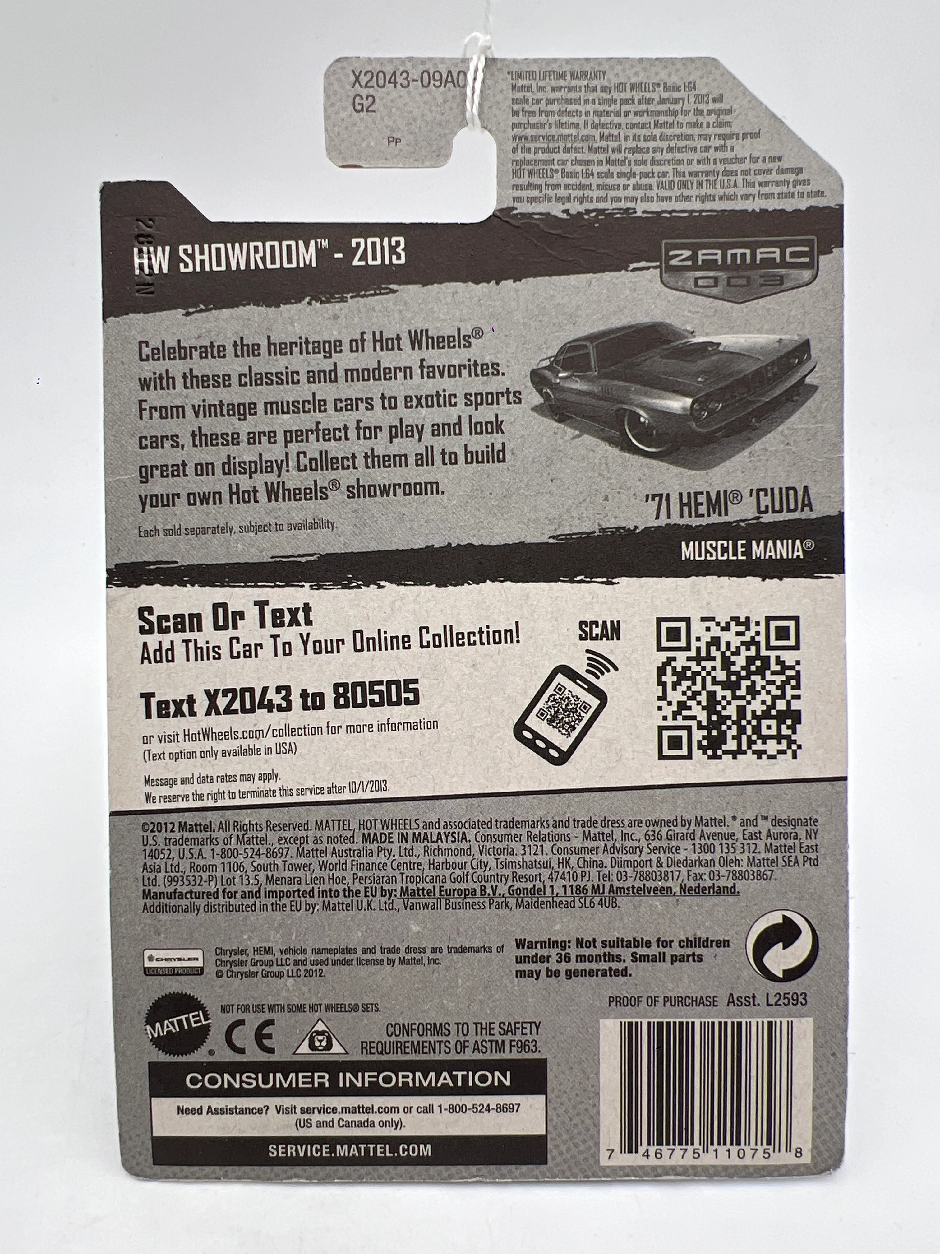 2013 Hot Wheels Walmart Zamac 3 #234 71 Hemi Cuda 148F - Image 2