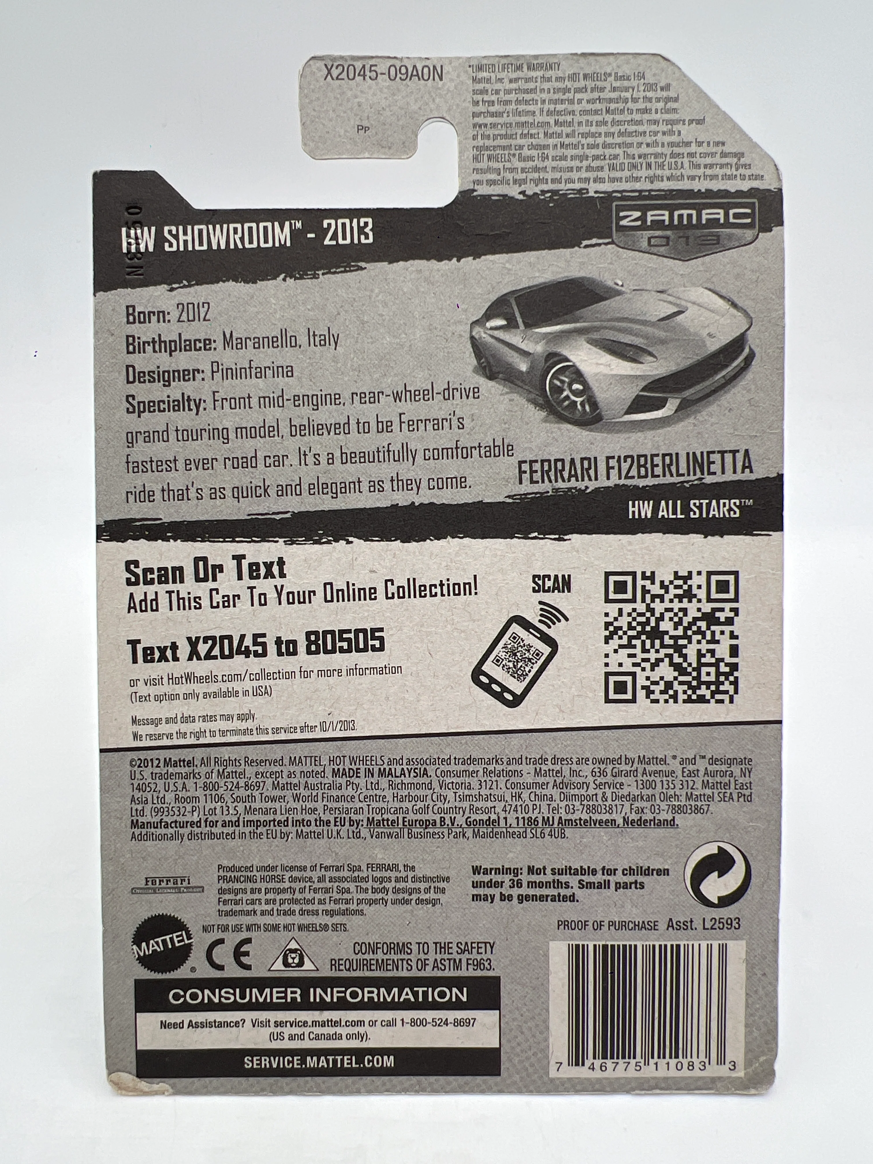 2013 Hot Wheels Walmart Exclusive Zamac 13 #174 Ferrari F12Berlinetta W/Protector - Image 6