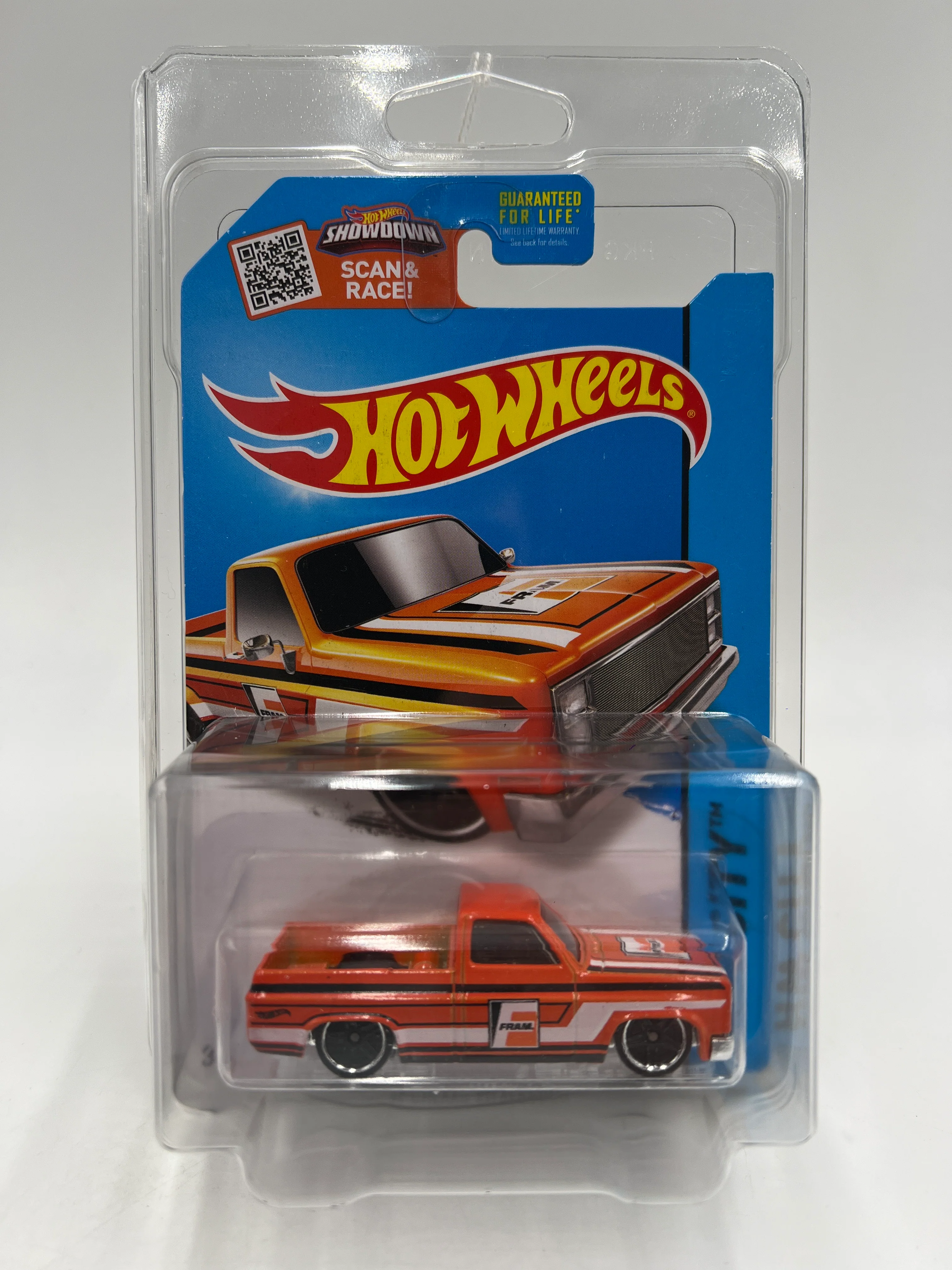2015 Hot Wheels City #16 83 Chevy Silverado Fram Orange W/Protector - Image 7