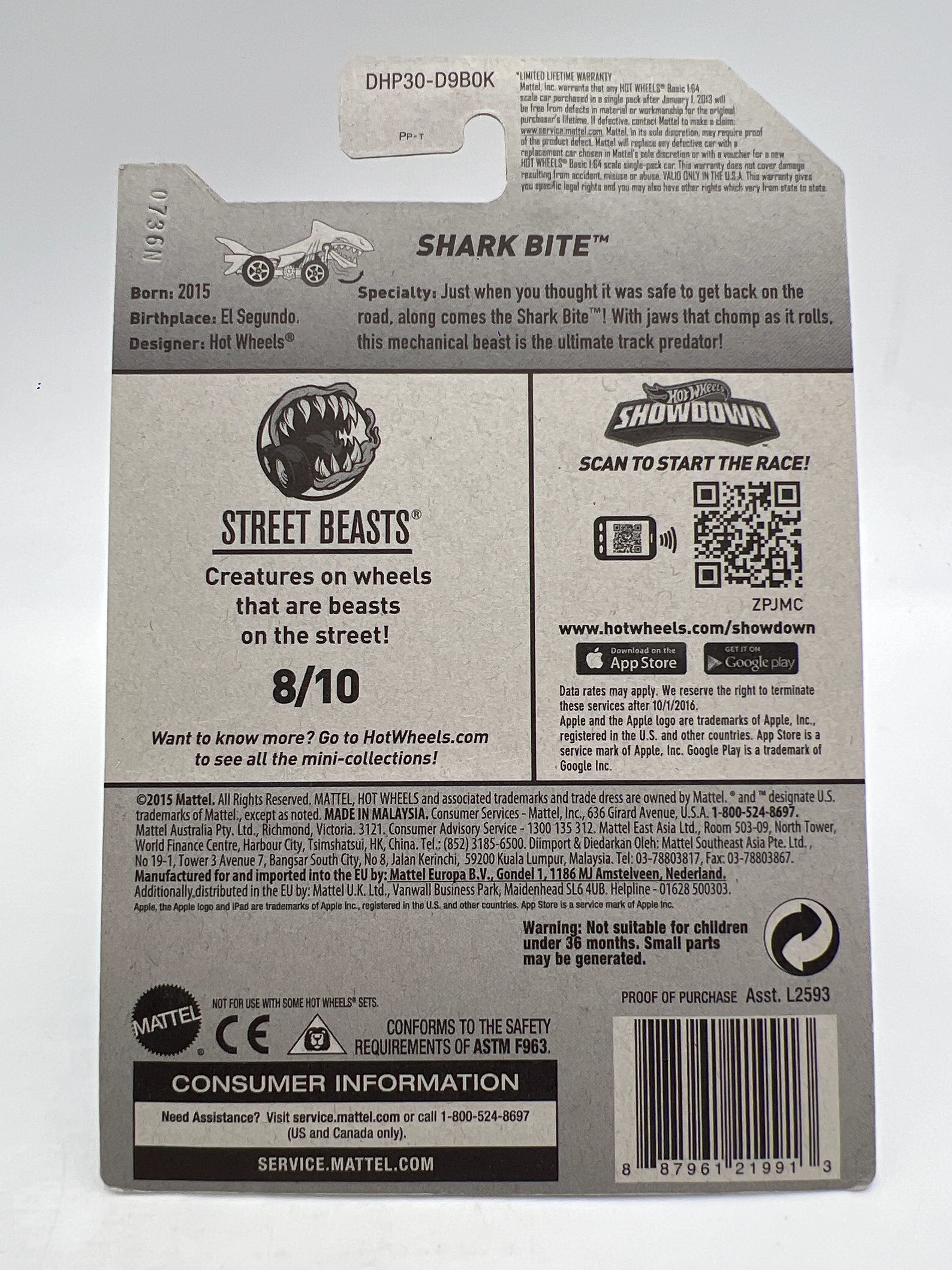 2016 Hot Wheels Street Beasts #208 Shark Bite Blue W/Protector Cracked Blister - Image 7
