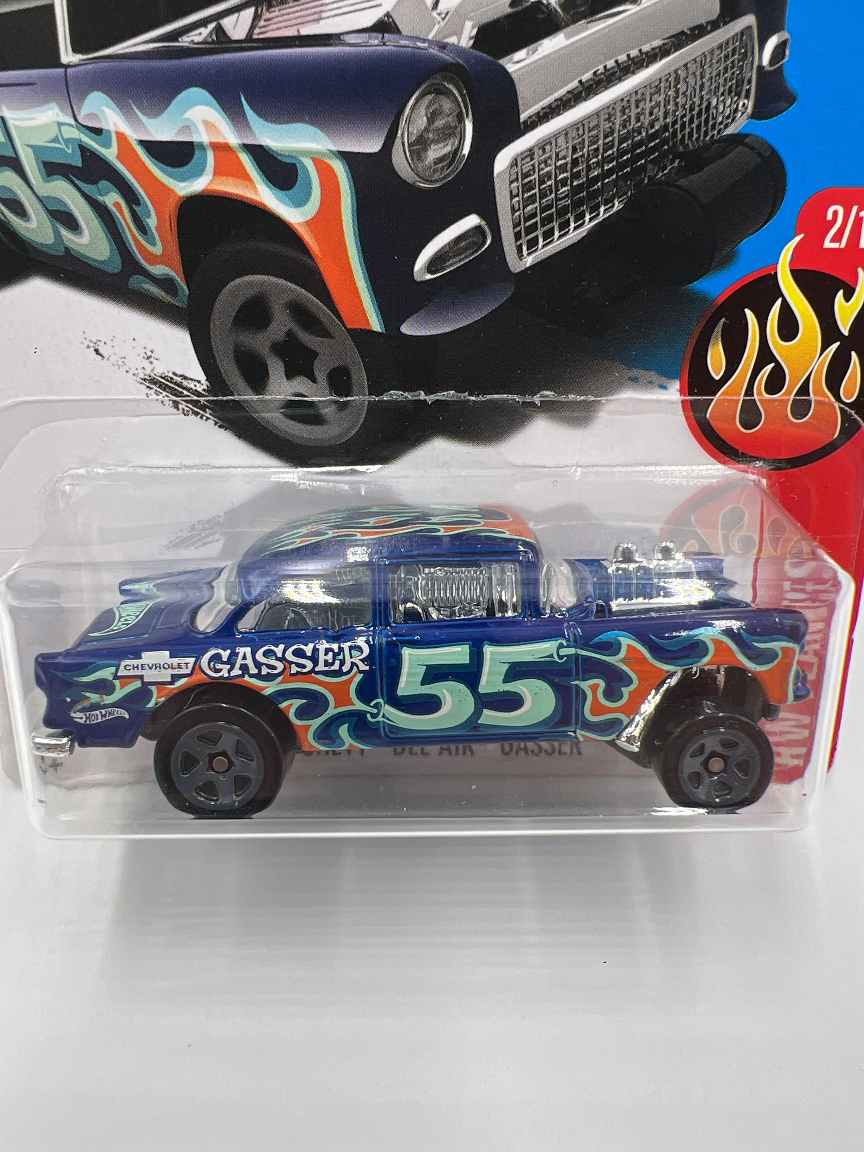 2017 Hot Wheels Flames #109 1955 Chevy Bel Air Gasser Blue 9D - Image 2