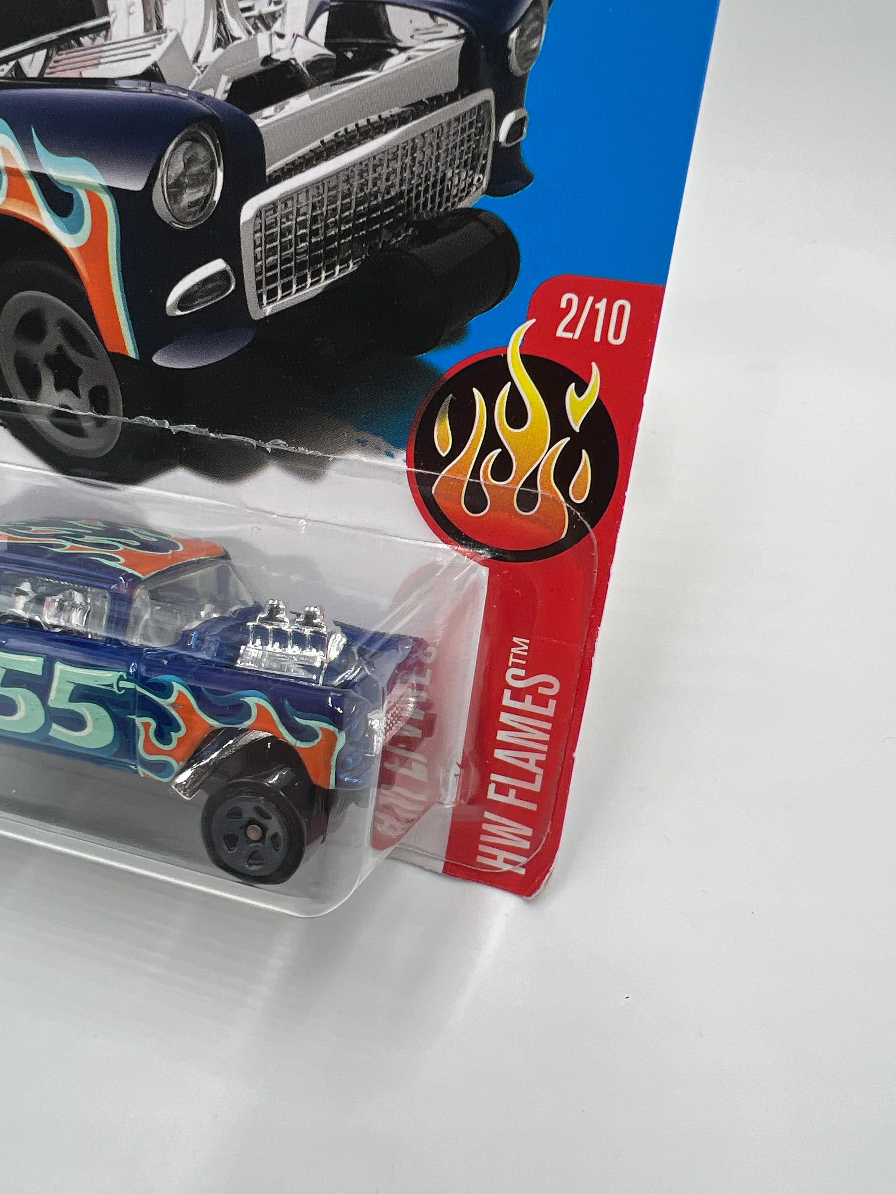 2017 Hot Wheels Flames #109 1955 Chevy Bel Air Gasser Blue 9D - Image 3