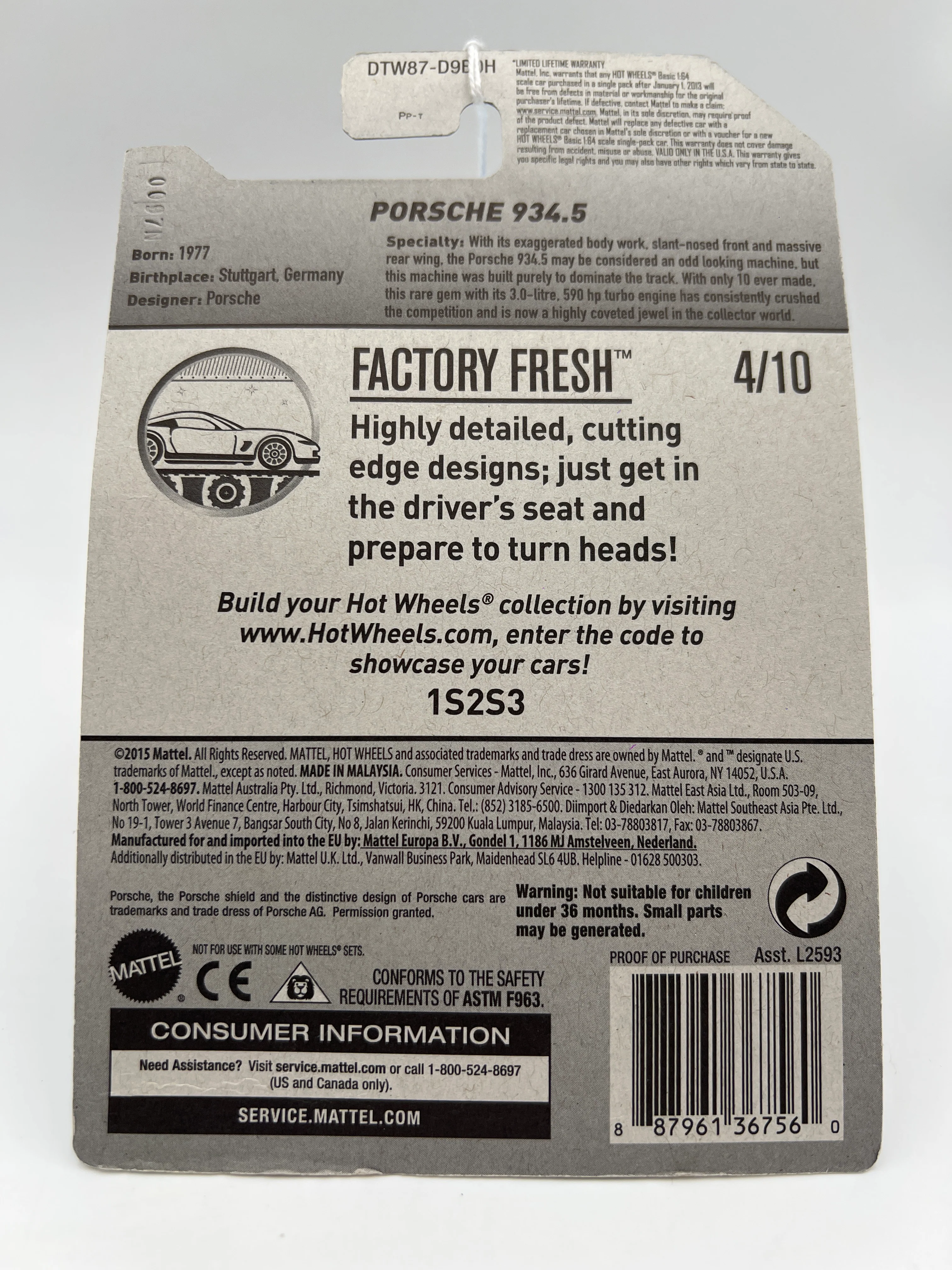 2017 Hot Wheels Factory Fresh #153 Porsche 934.5 White Card Not Perfect 100C - Image 8