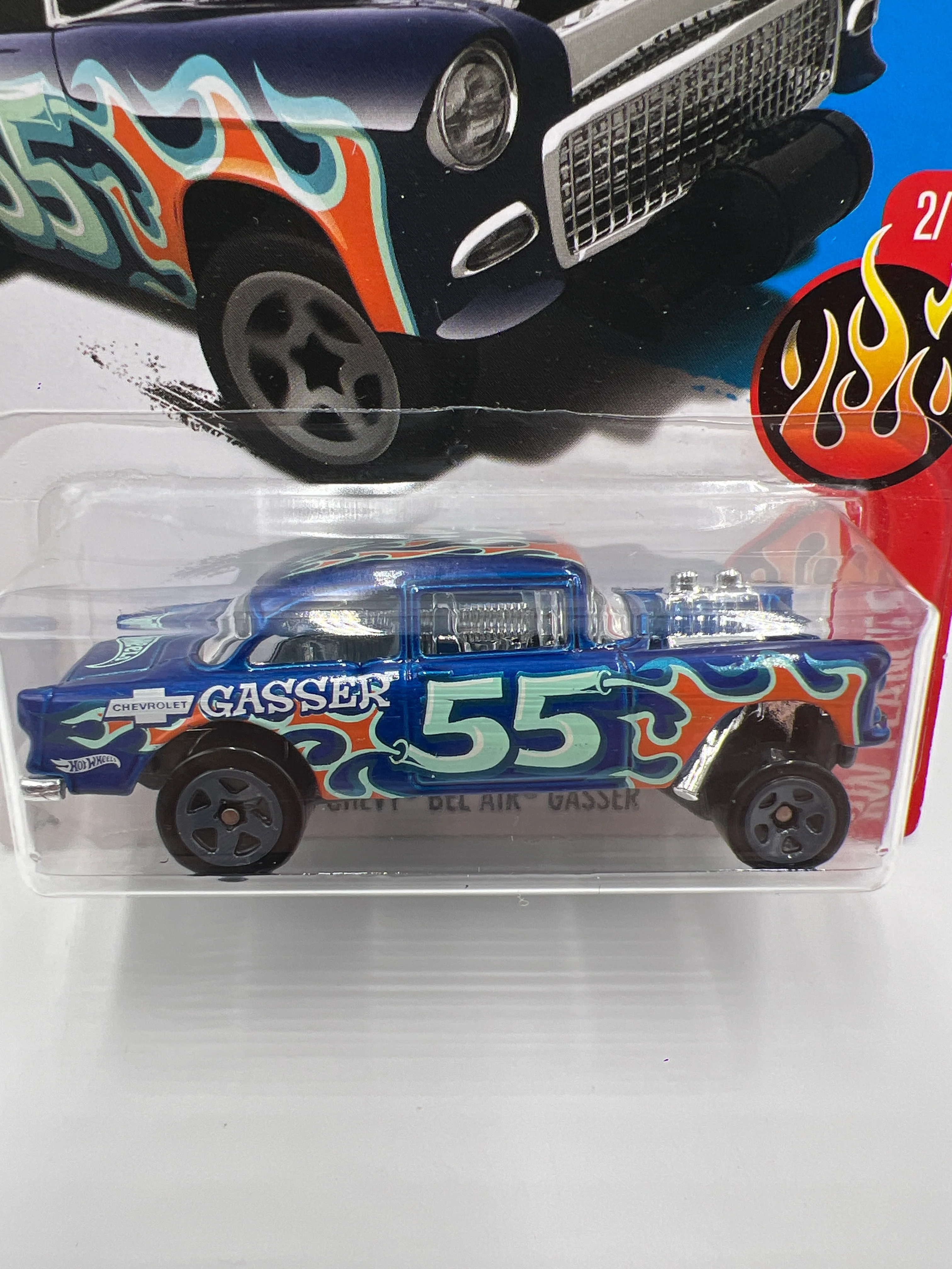 2017 Hot Wheels Flames #109 1955 Chevy Bel Air Gasser Blue Card Not Perfect 9D - Image 2