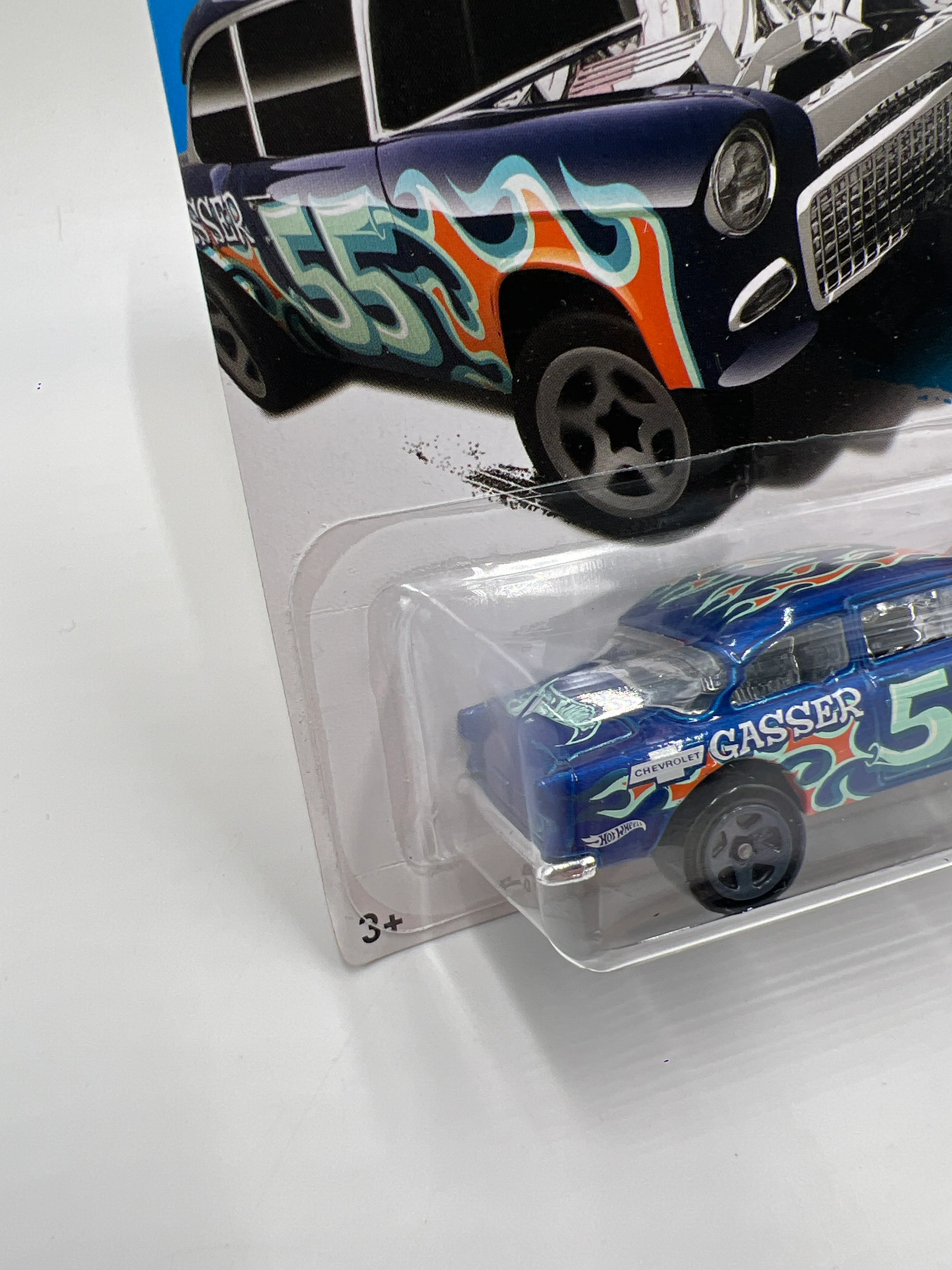2017 Hot Wheels Flames #109 1955 Chevy Bel Air Gasser Blue Card Not Perfect 9D - Image 4