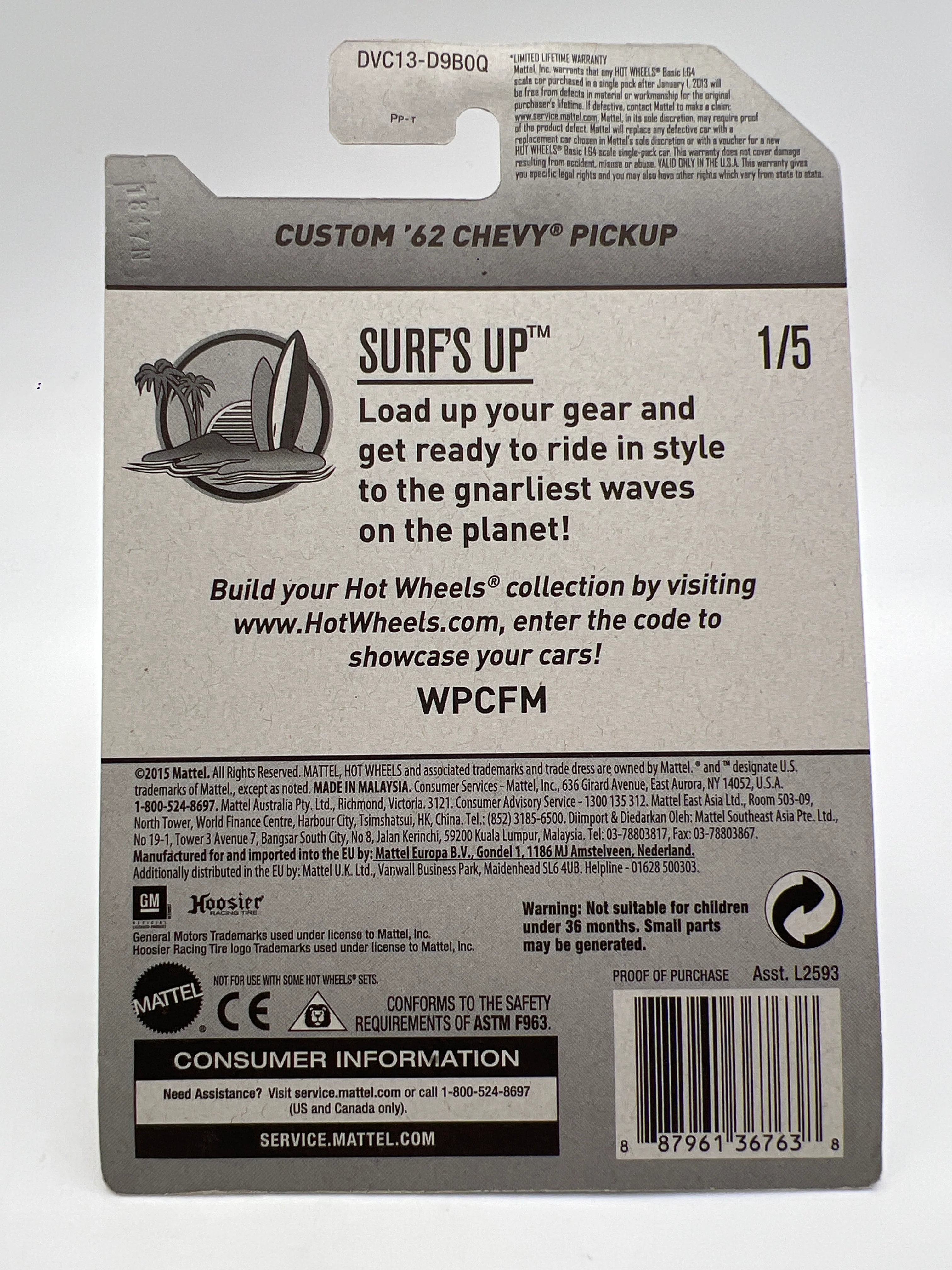 2017 Hot Wheels Factory Sealed Surfs Up #348 Custom 62 Chevy Pickup White W/Protector - Image 6