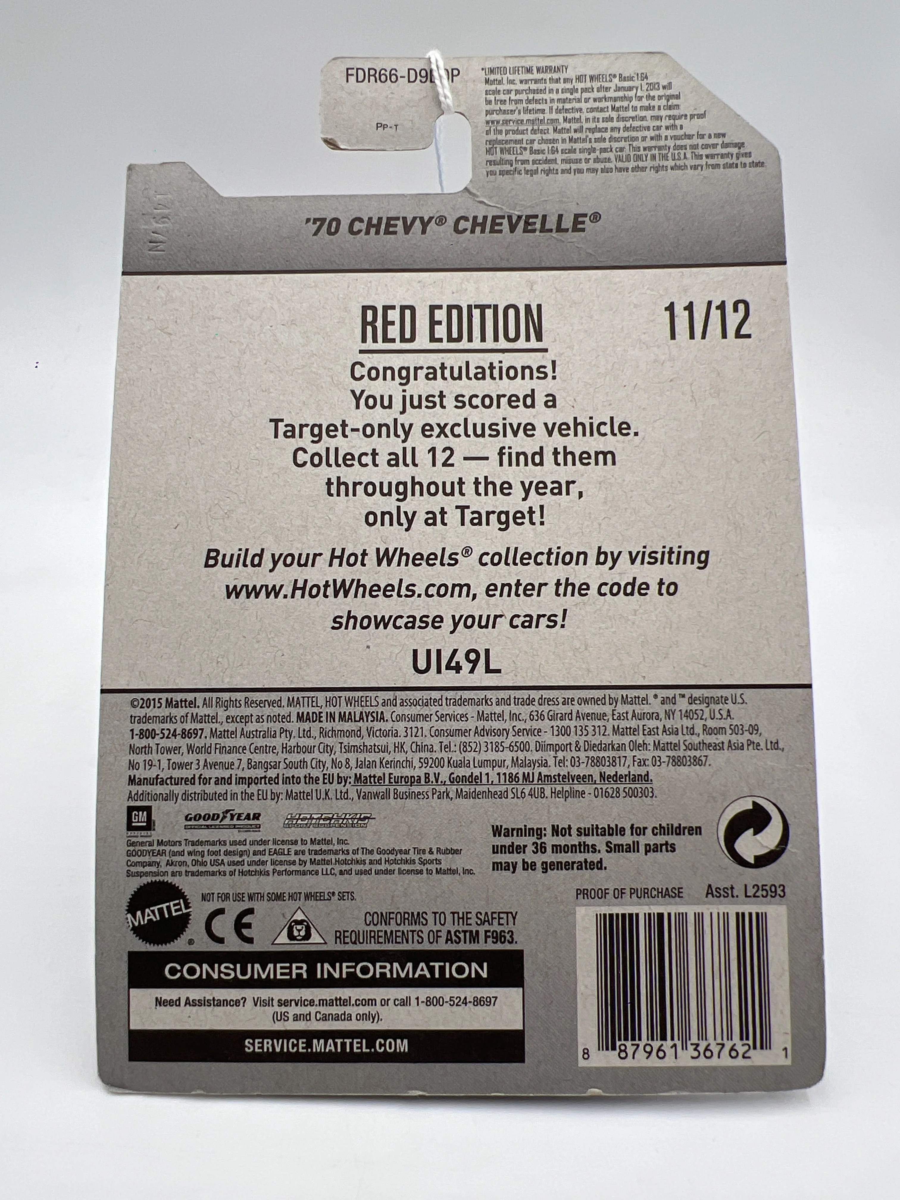 2017 Hot Wheels Target Red Edition 70 Chevy Chevelle White 148E - Image 8
