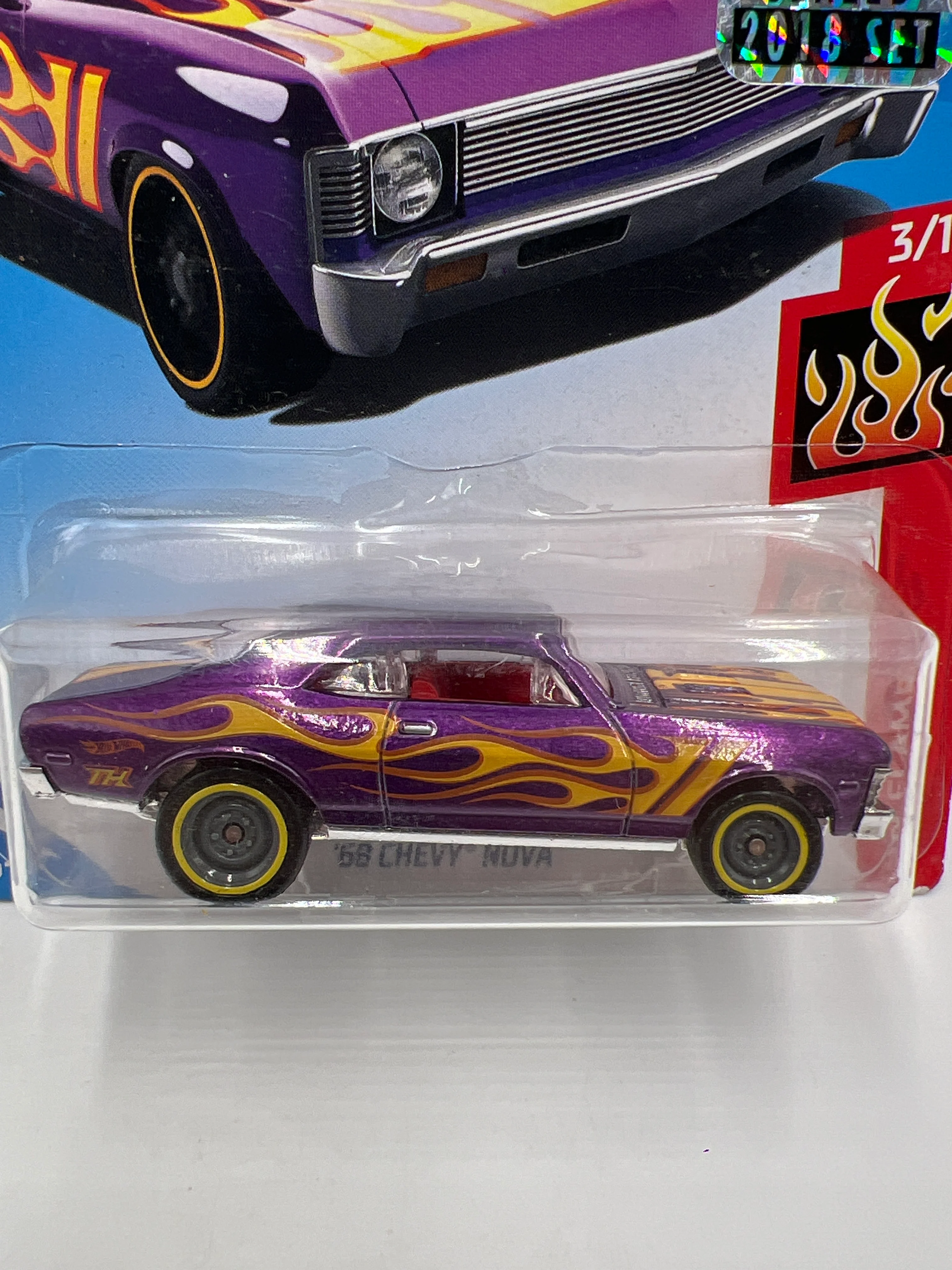 2018 Hot Wheels Factory Sealed Super Treasure Hunt 68 Chevy Nova Purple W/Protector - Image 2
