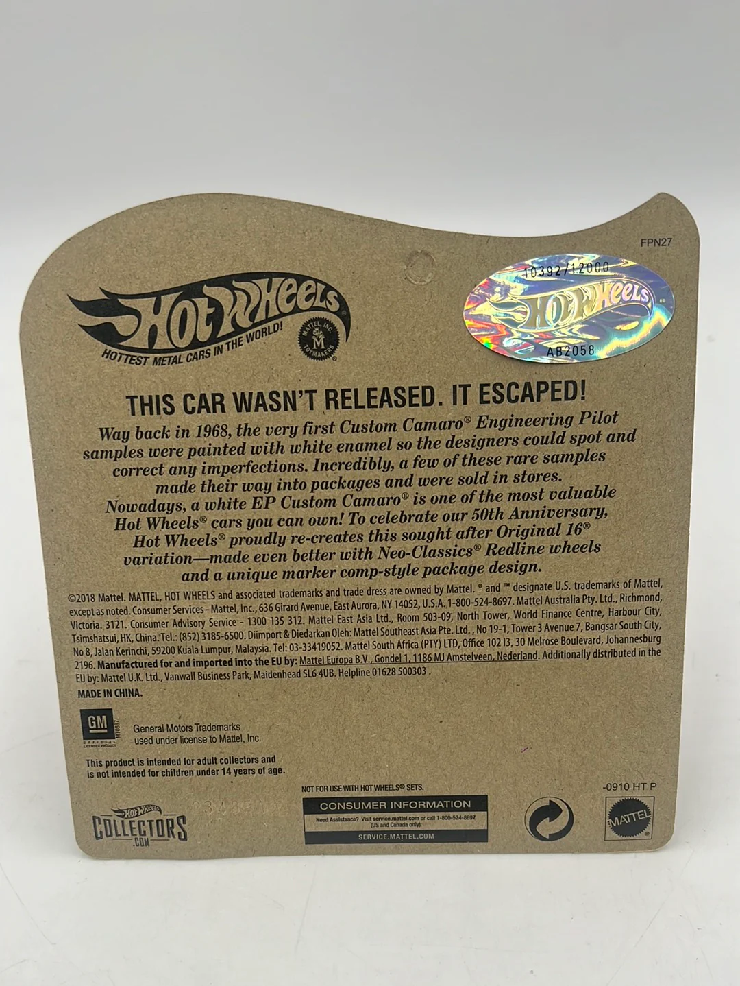 2019 Hot Wheels RLC Custom Camaro White EP 10392/12000 - Image 6