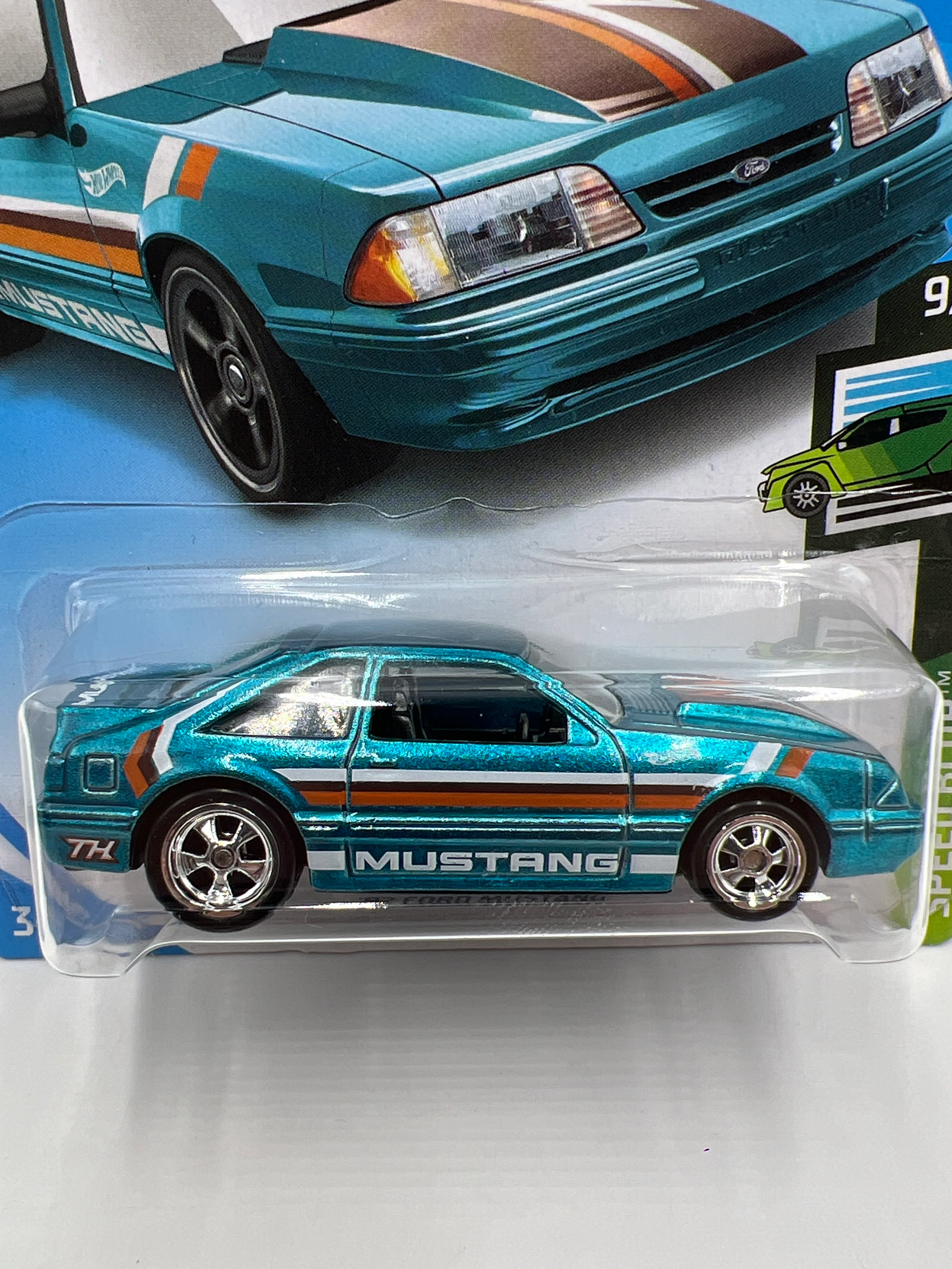 2019 Hot Wheels Super Treasure Hunt #152 Month Card 92 Ford Mustang Foxbody Blue W/Protector - Image 2