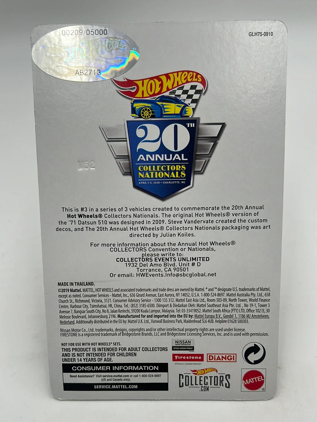 2020 Hot Wheels 20th Annual Collector Nationals ‘71 Datsun 510 Low Number 209/5000 - Image 6