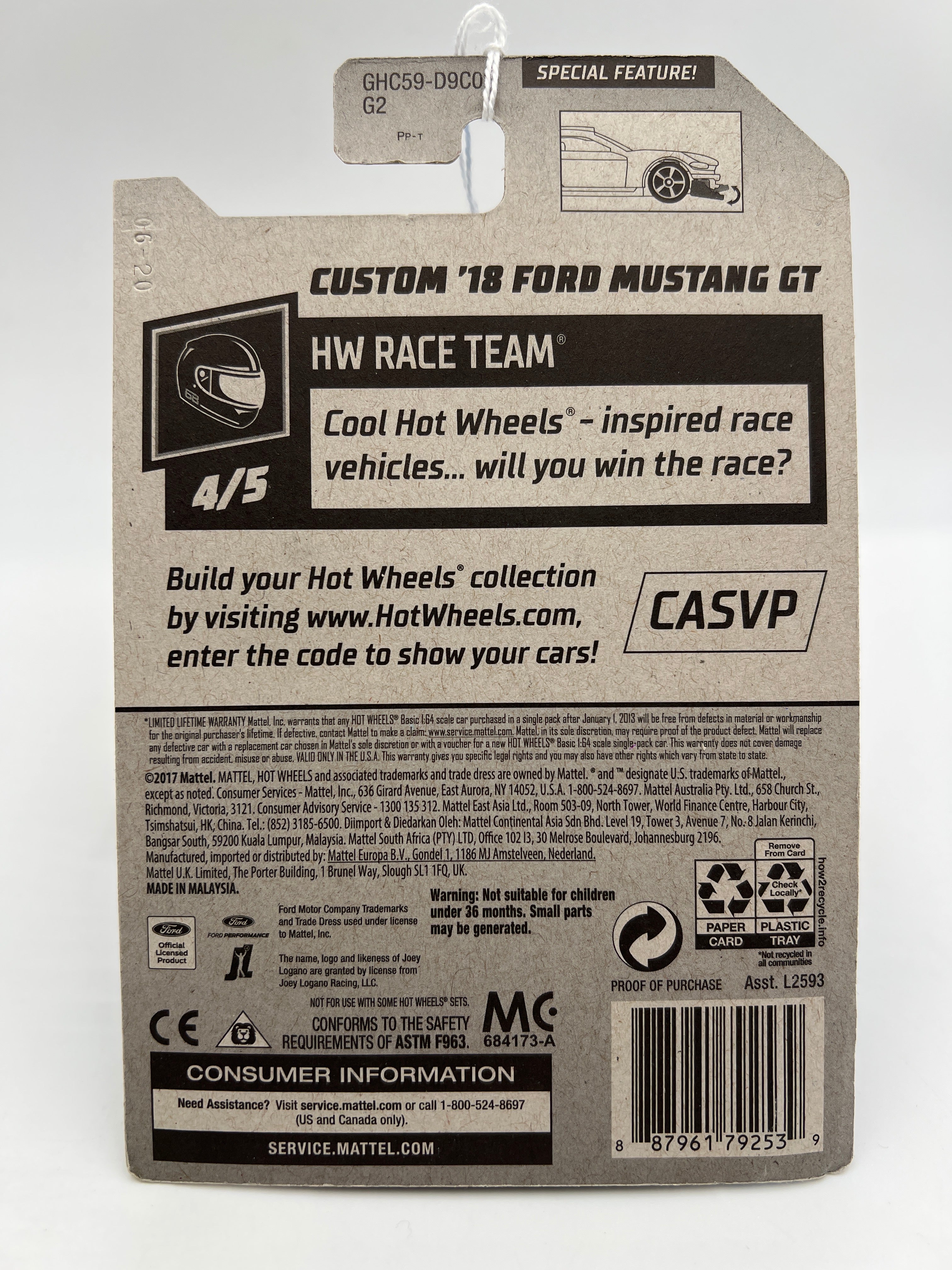 2020 Hot Wheels Race Team #222 Custom 18 Ford Mustang GT Blue Joey Logano 26G - Image 6