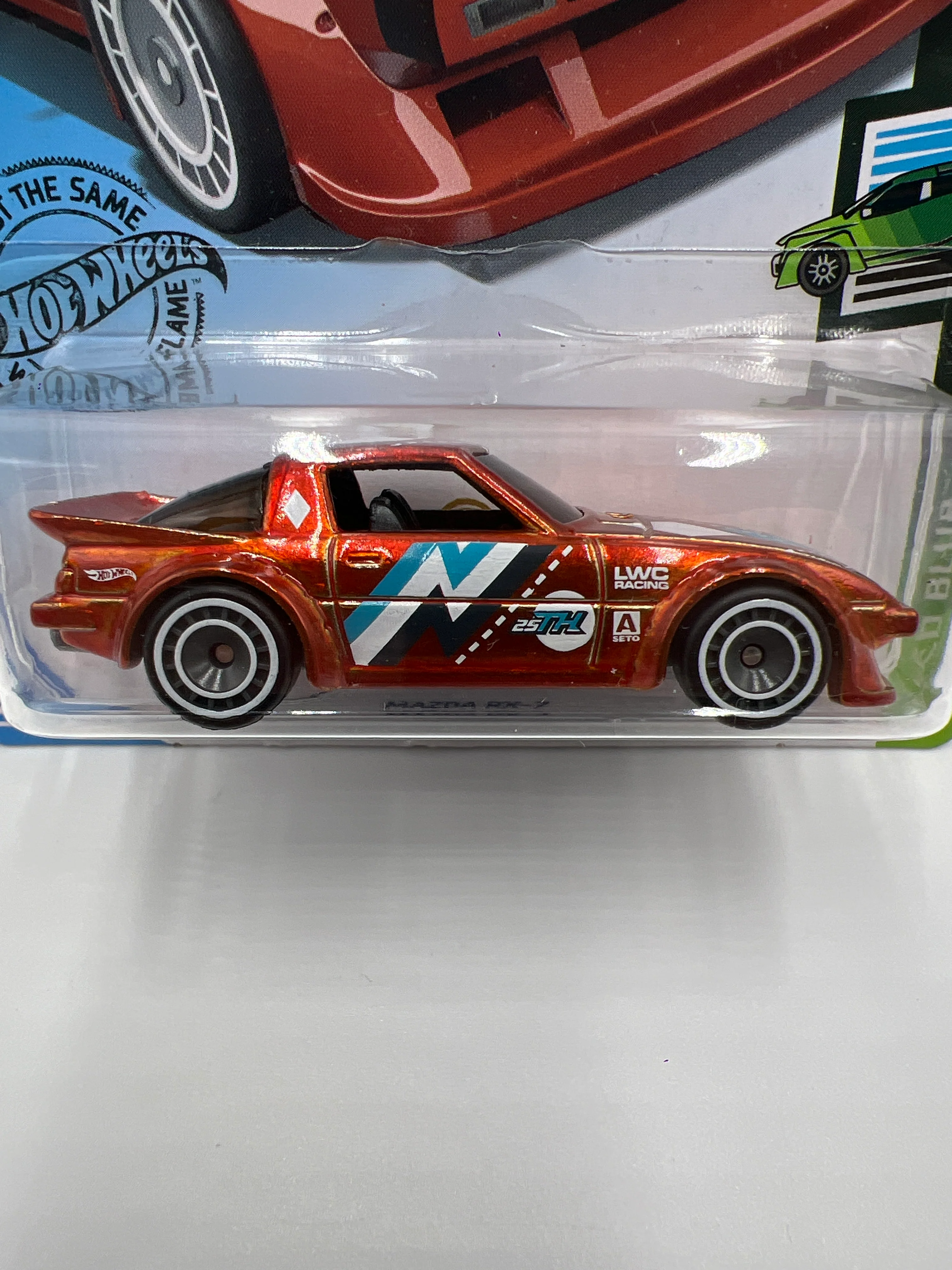 2020 Hot Wheels Super Treasure Hunt #130 Mazda RX-7 Orange W/Protector Card Not Perfect - Image 3