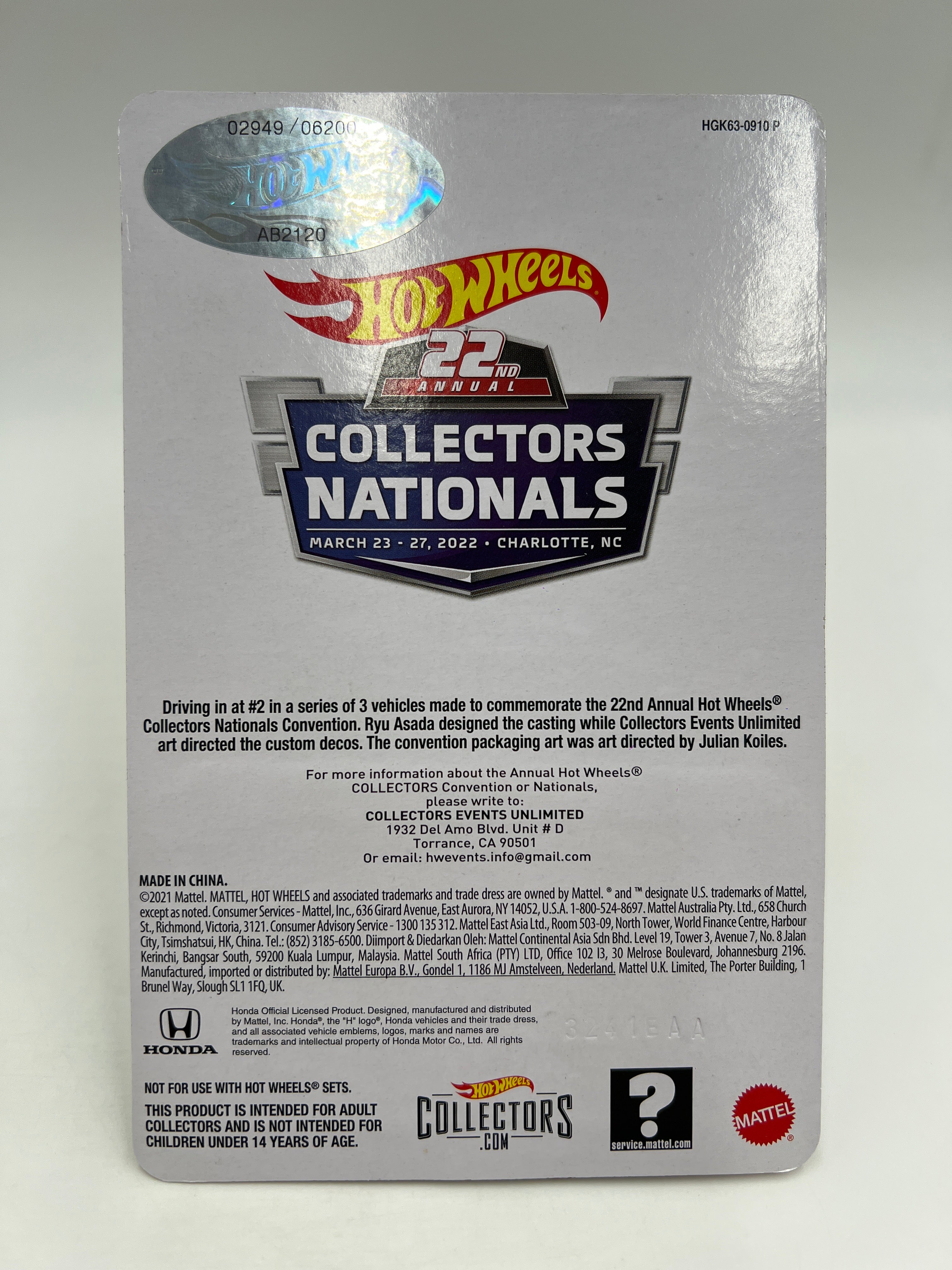 2022 Hot Wheels 22th Annual Collectors Nationals Charlotte 2949/6200 Honda S2000 Red W/Protector - Image 6