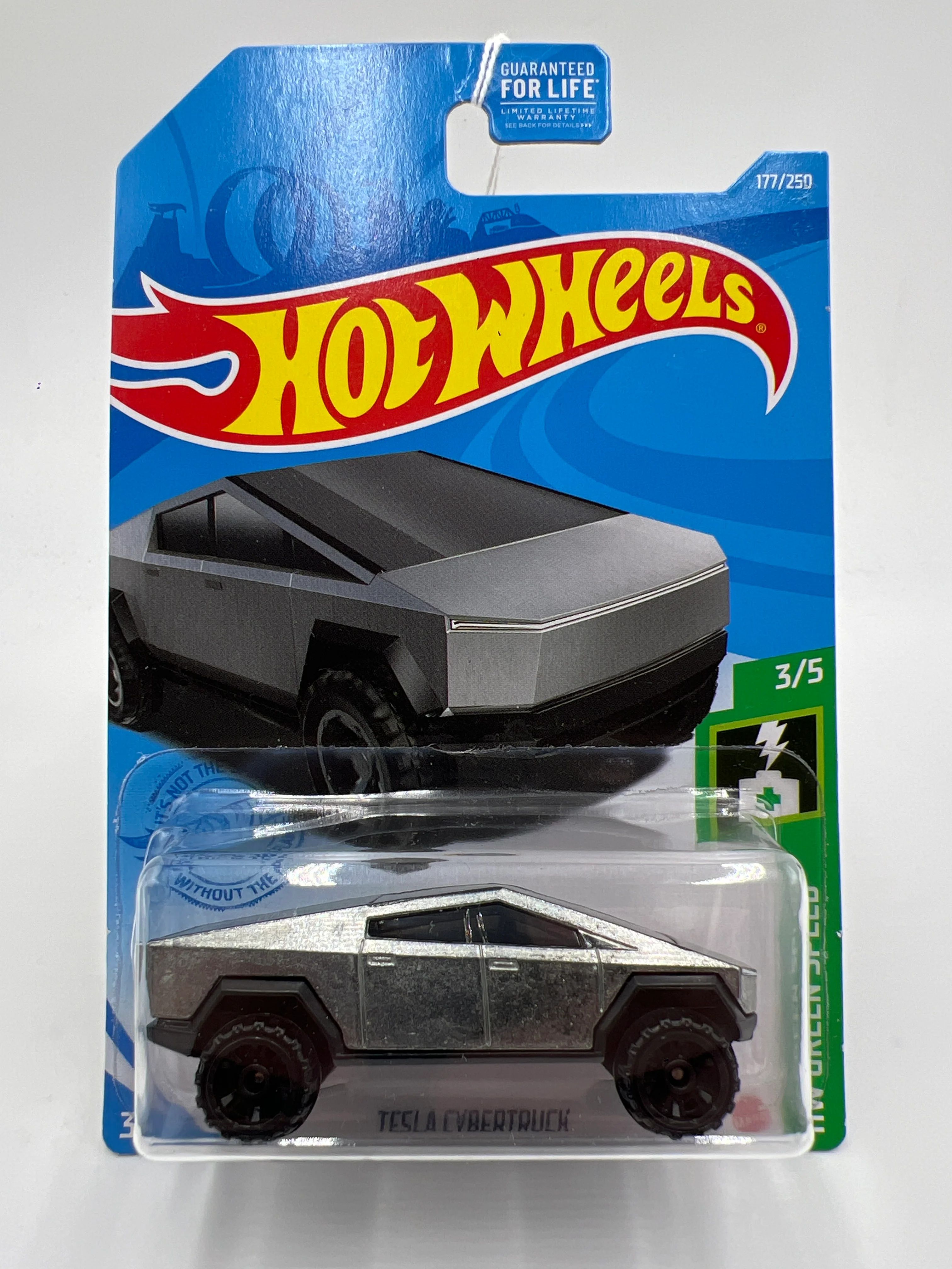 2021 Hot Wheels HW Green Speed #177 Tesla Cybertruck cracked blister - Image 2
