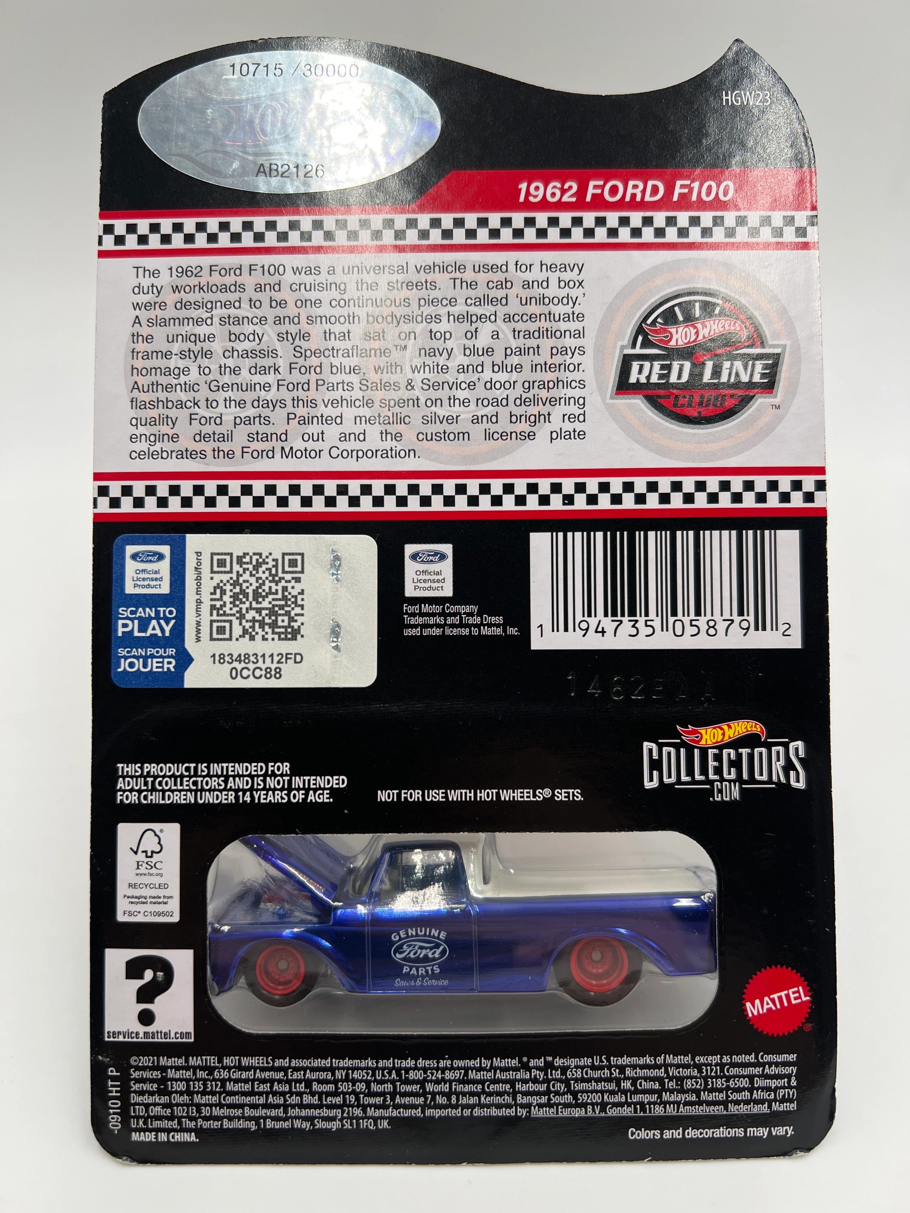 Hot Wheels RLC #10715/30000 1962 Ford F100 Blue W/Protector - Image 6
