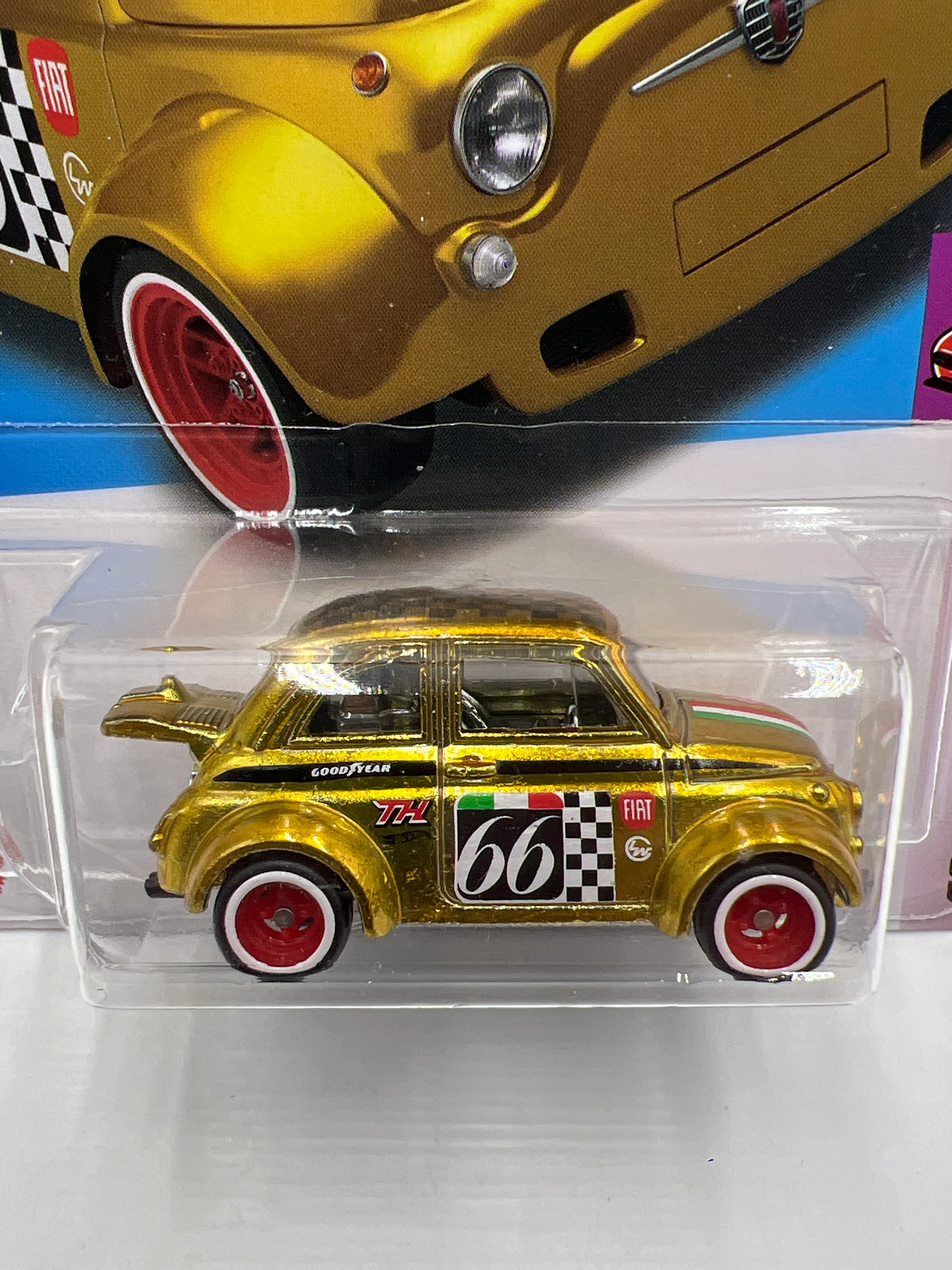 2024 Hot Wheels Super Treasure Hunt Factory Sealed #117 60s Fiat 500D Modificado Gold W/Protector - Image 2