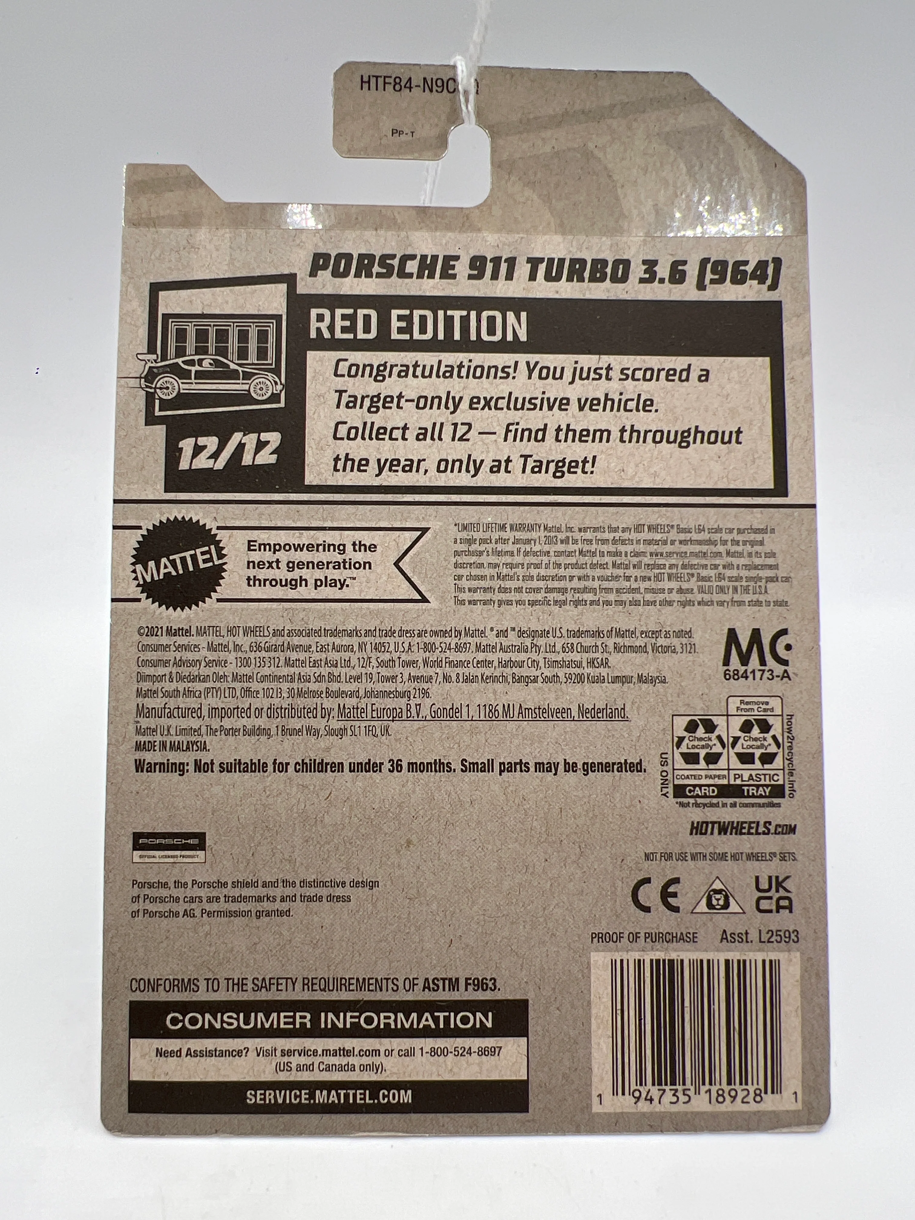 2024 Hot Wheels Target Exclusive Red Edition #199 Porsche 911 Turbo 3.6 964 Tooned White 143A - Image 6