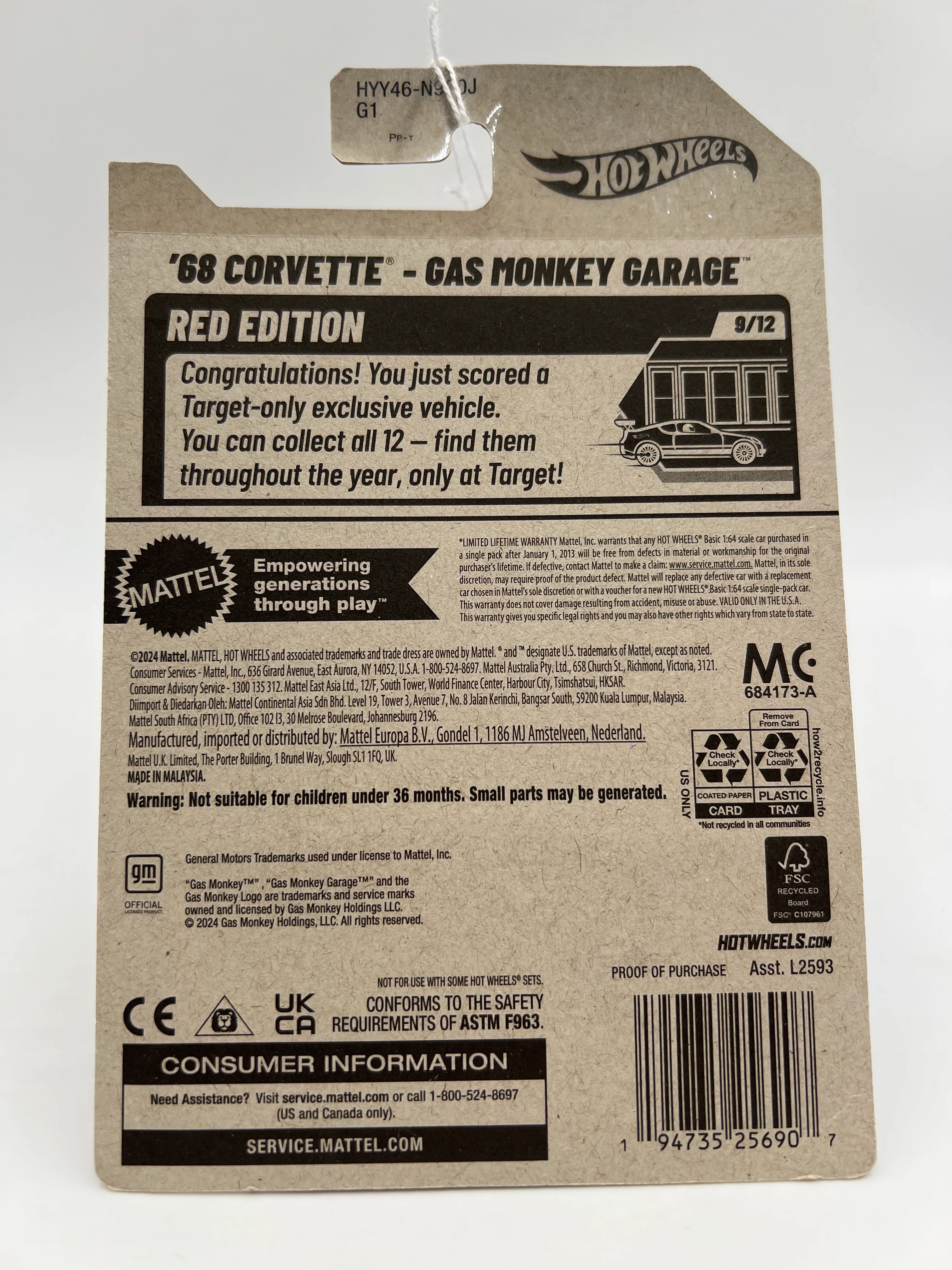 2025 Hot Wheels Target Exclusive Red Edition #134 68 Corvette Gas Monkey Garage White Bad J Hook - Image 7