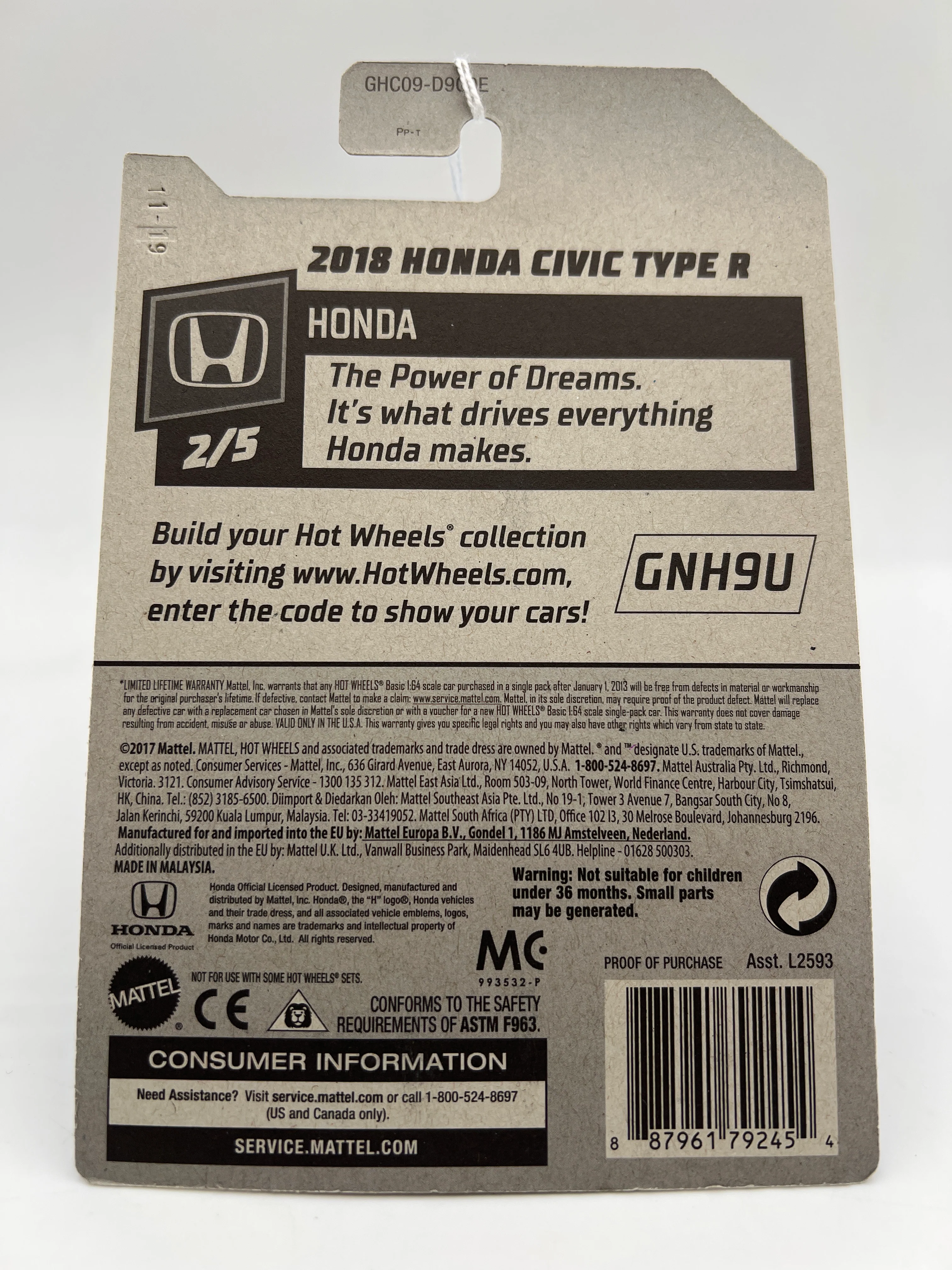 2020 Hot Wheels Honda #81 2018 Honda Civic Type R Black SR - Image 6