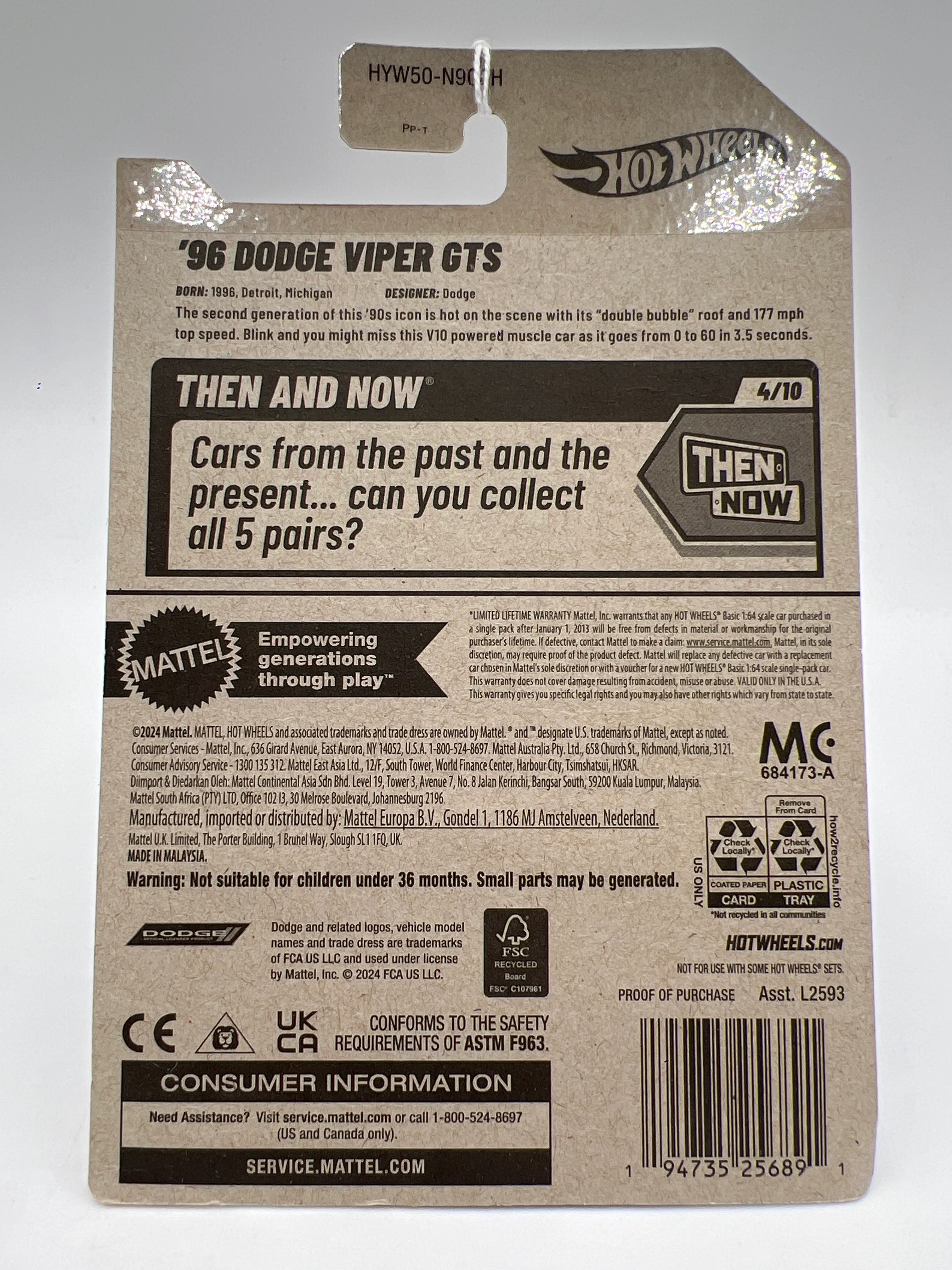 2025 Hot Wheels H Case Then And Now #176 96 Dodge Viper GTS Blue 39B - Image 7