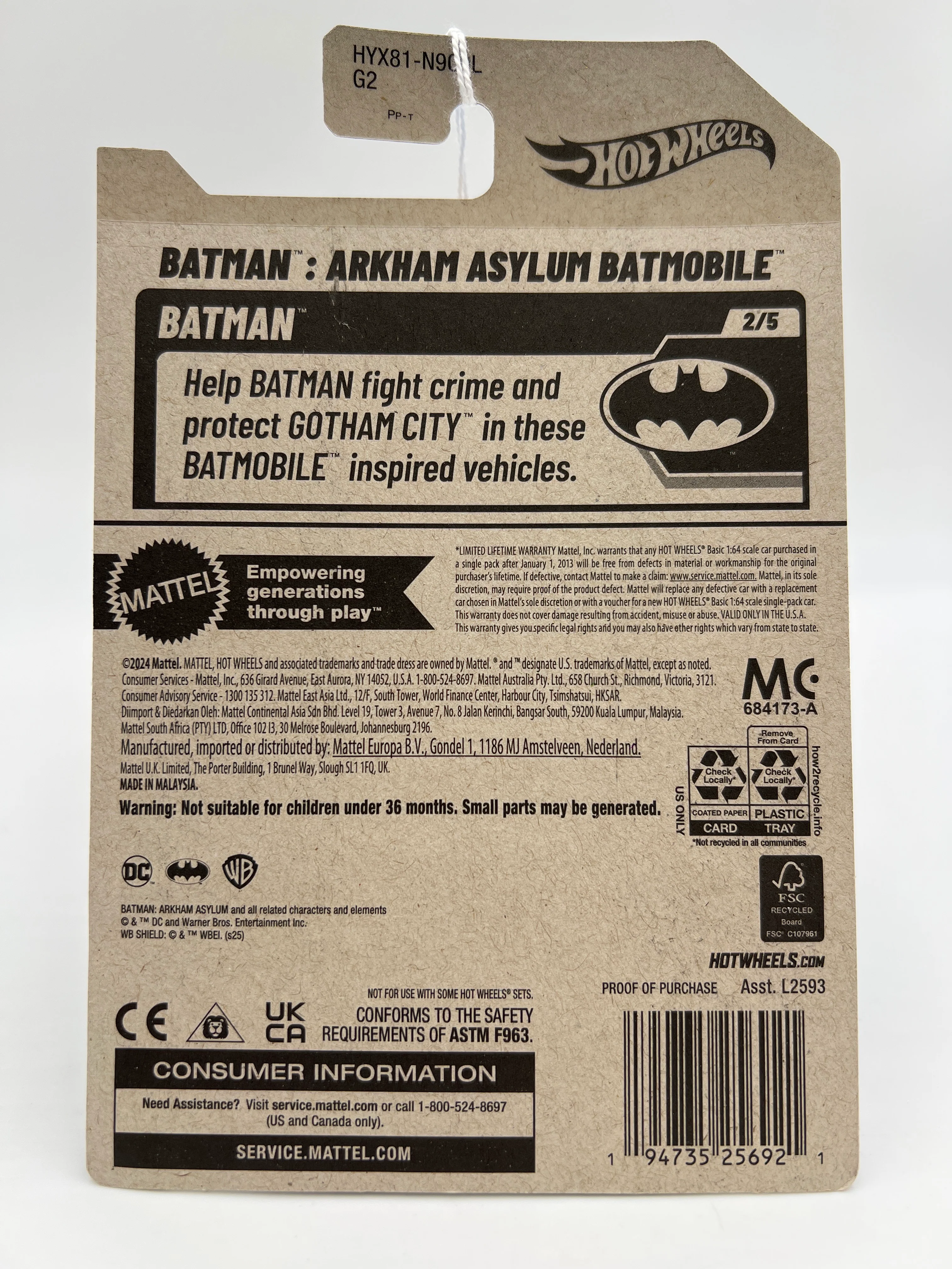2025 Hot Wheels L Case Batman #54 Batman Arkham Asylum Batmobile Black 118D - Image 6