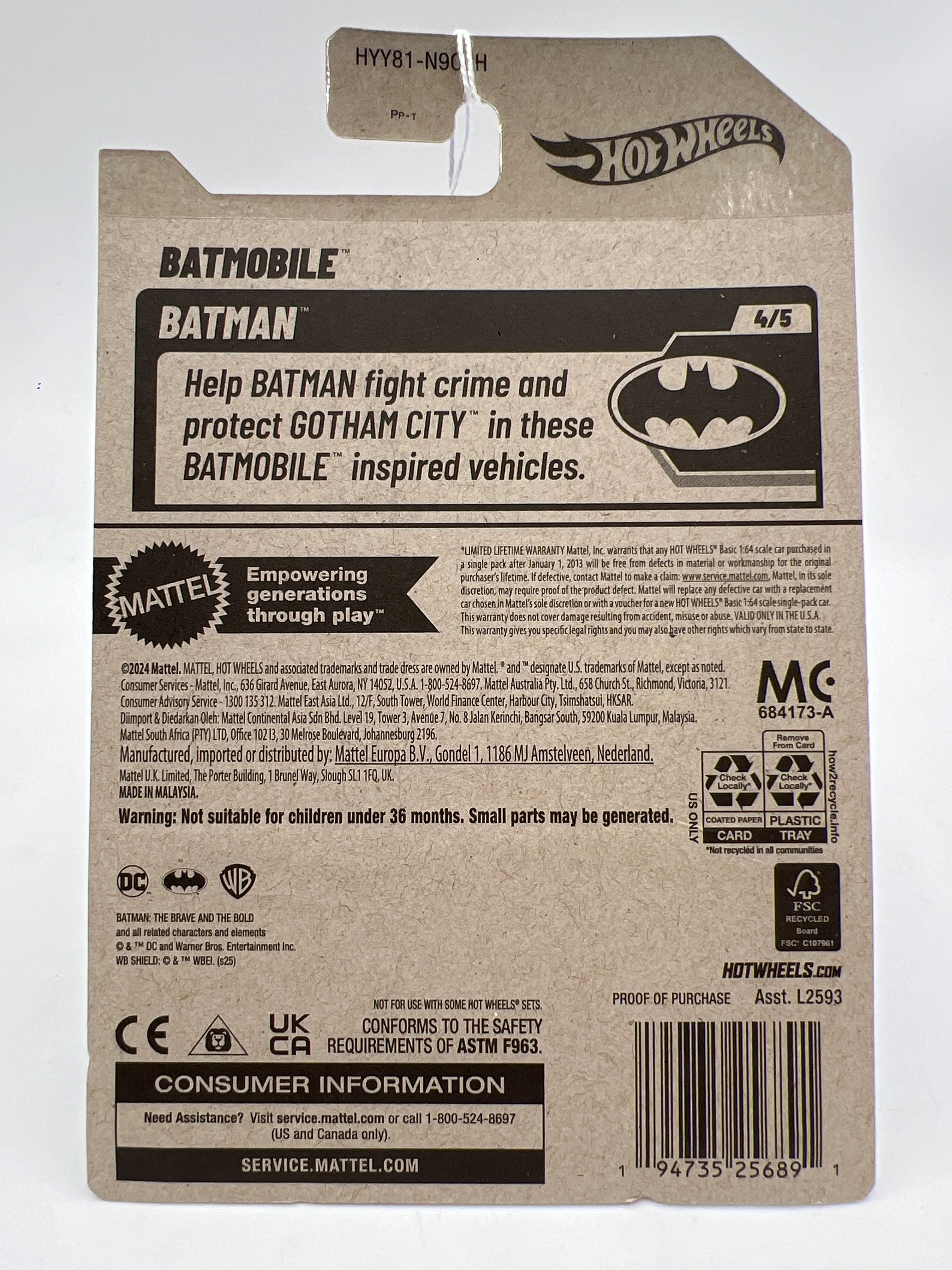 2025 Hot Wheels H Case Batman #145 Batmobile Black 117D - Image 7