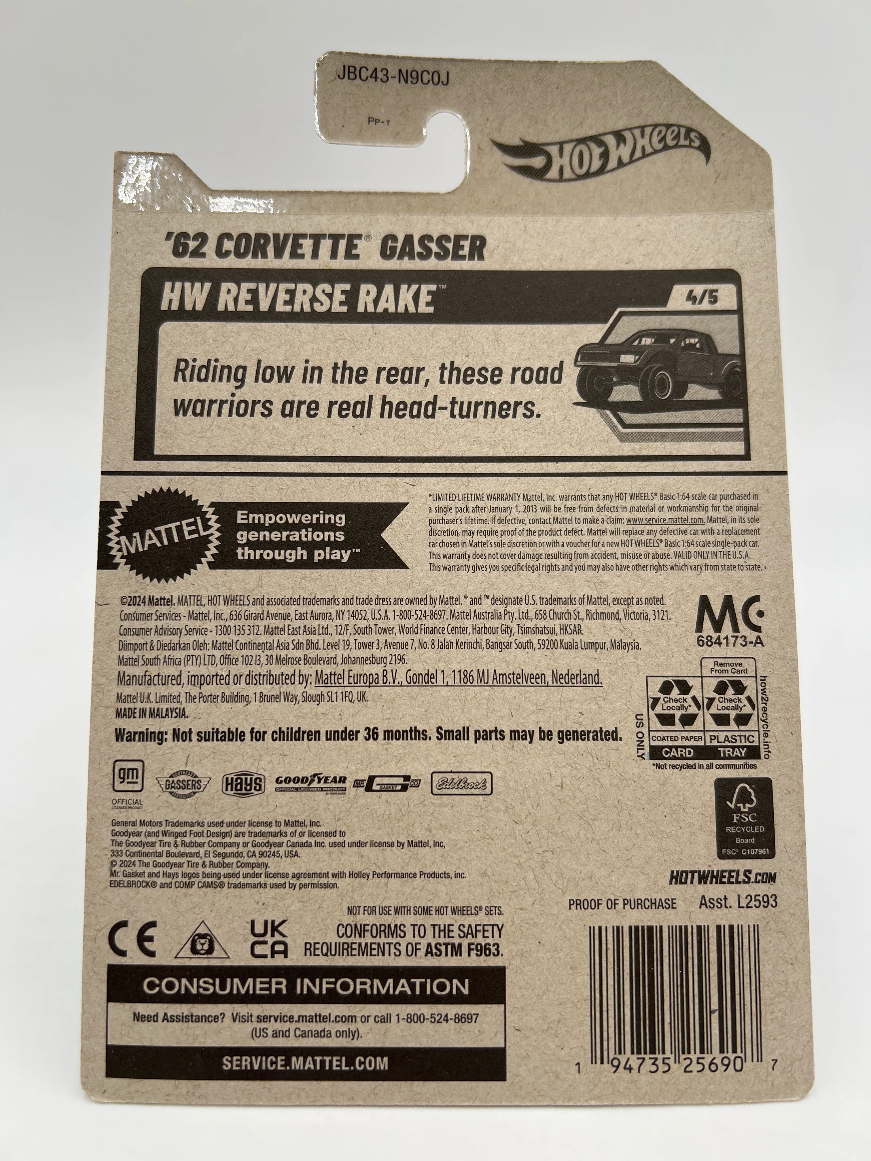 2025 Hot Wheels J Case Super Treasure Hunt #182 62 Corvette Gasser W/Protector - Image 7