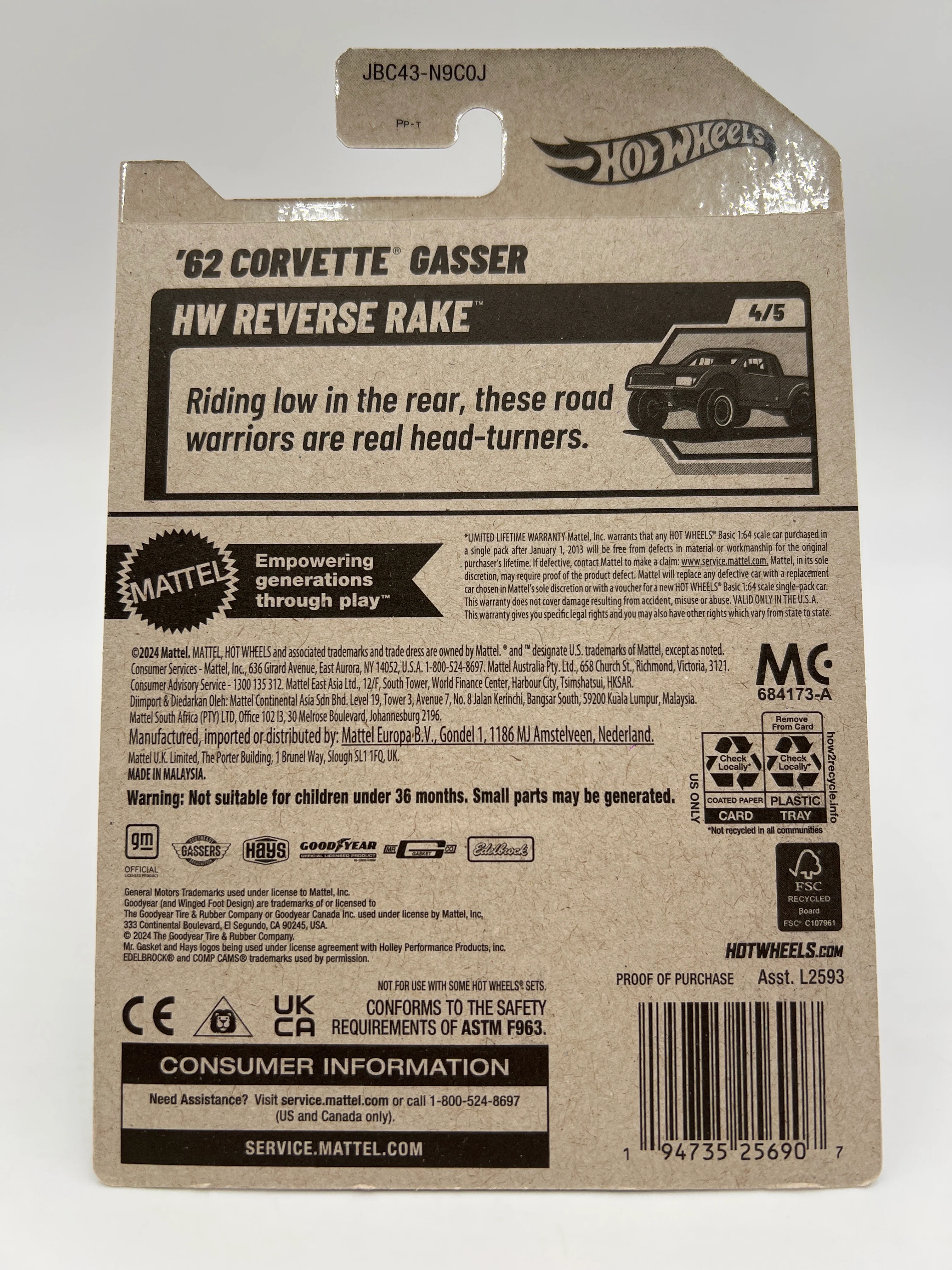 2025 Hot Wheels J Case Super Treasure Hunt #182 62 Corvette Gasser W/Protector - Image 6