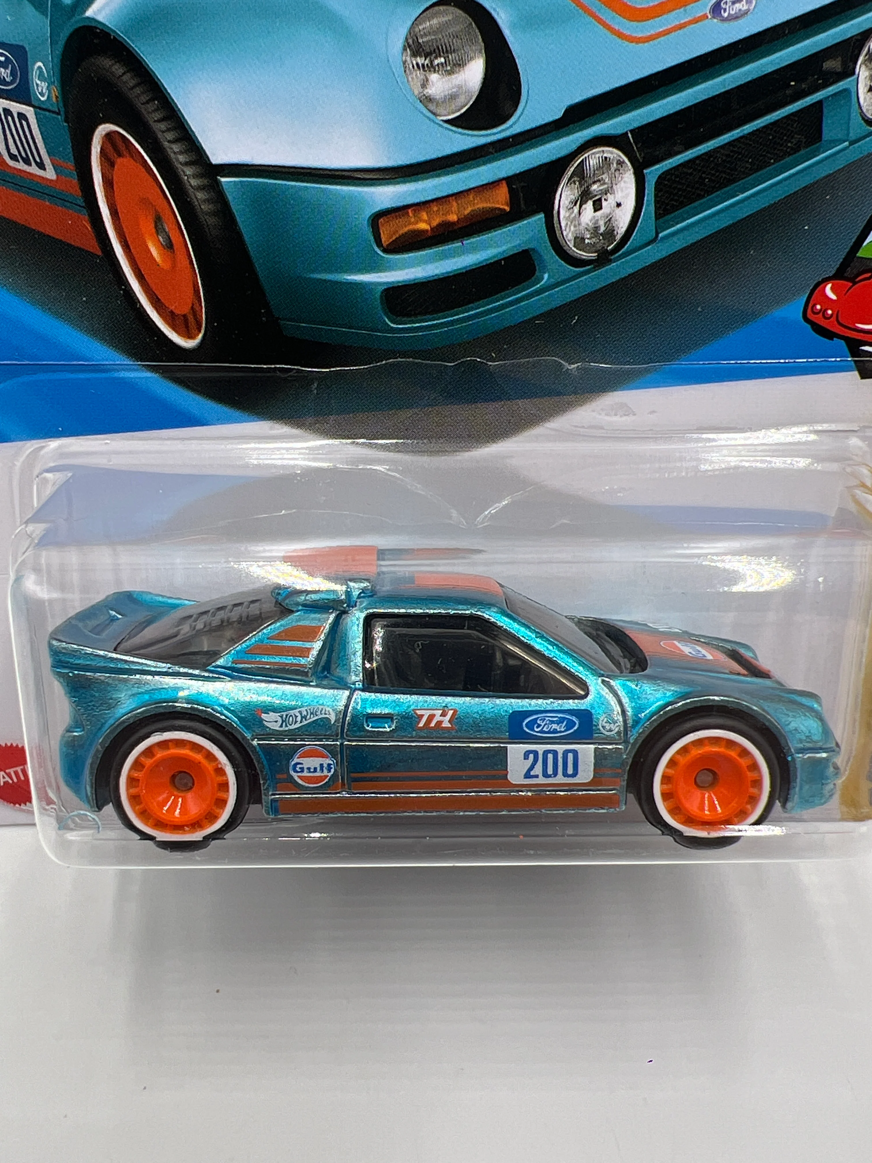 2025 Hot Wheels Super Treasure Hunt #247 Ford RS200 Gulf Blue W/Protector Intl Card - Image 2